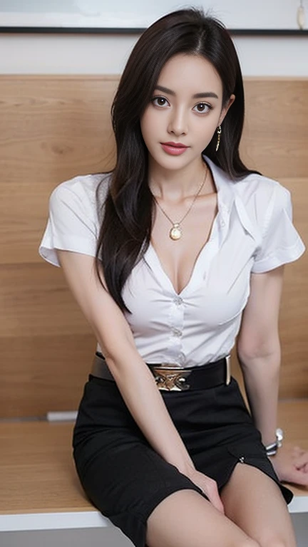 (8ก,high resolution,Masterpiece, best quality, alone, complicated details, Chromatic aberration), realistic, ((small breasts)), ((small breasts)), ((small breasts)), (Sagging breasts.), hair in one eye, big round hoop earrings, Diamond choker, Gold Necklace, silver necklace, small watch, bangle, bracelet, bangleข้อเท้า, waist necklace, (symmetrical eyes),(Perfect symmetrical body), (Photo of a beautiful 24 year old teenage girl), Beautiful and charming with contemporary fashion paintings as well.., looking at the audience, ((Behind the scenes of a large classroom)), (black short skirt), (((Wear a blue shirt over it.., ((white short sleeve shirt), (Open your shirt and show your breasts..), no bra.)), (open chest), (Sagging breasts.))), ((short jeans skirt)), (Long square leather belt buckle), ((Put your hands down.)), (Bob, Side flatness, brass colored hair, (There is a thin layer of hair covering the face..)), sharp eyeliner, eyelid, Blush, have thick eyelashes, sharp eyes, purple eyes, pink cheeks, Very delicate and beautiful, round chin, Sharp focus, elegant, (Open your legs on the study table..), (Sit facing out and looking at the camera..), (Open your legs and lift your right leg over your left leg..), (), Set a seductive example.
