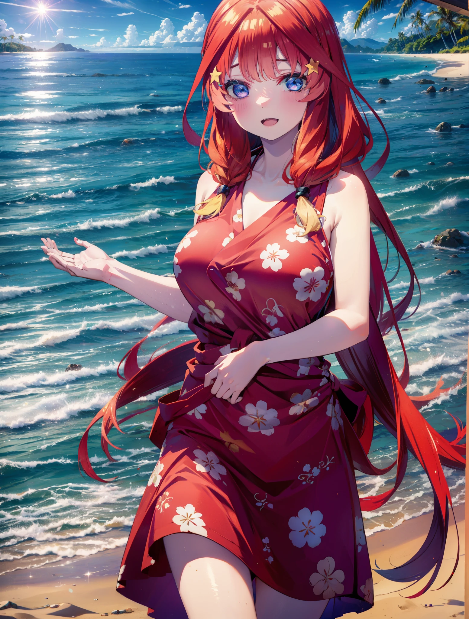 itsukinakano, Itsuki Nakano, bangs, blue eyes, Hair between the eyes, Ahoge, Redhead, star \(symbol\), hair ornaments, star hair ornaments,Big Breasts,Long braids,happy smile, smile, Open your mouth,belly button,Red Bikini Swimsuit,barefoot,A long, bright red blanket is wrapped around his waist..,(Beach salon), Big Breasts,((salon)), Beach outfit,Real Summer,Palm tree,whole bodyがイラストに入るように,
break outdoors, Beach,
break looking at viewer, whole body,
break (masterpiece:1.2), highest quality, High resolution, unity 8k wallpaper, (shape:0.8), (Beautiful and beautiful eyes:1.6), Highly detailed face, Perfect lighting, Extremely detailed CG, (Perfect hands, Perfect Anatomy),