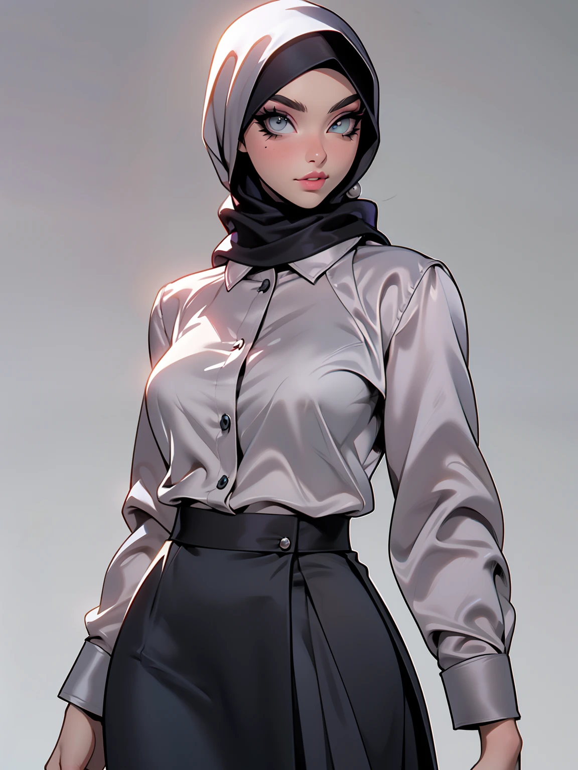 (Masterpiece, best quality) detailed, character sheet, ((a woman, beautifully makeup, eyeshadow, beautiful big eyes, long eye lashes, wearing (Taupe satin hijab), ((gray satin shirt)), satin long maxi skirt)), photography, detailed skin, realistic, photo-realistic, 8k, highly detailed, full length frame, High detail RAW color art, diffused soft lighting, shallow depth of field, sharp focus, hyperrealism, cinematic lighting, yokai illustration style, Aztec art, style artgerm, full of details. Standing Symmetric Centre, facing the viewer, gray background.