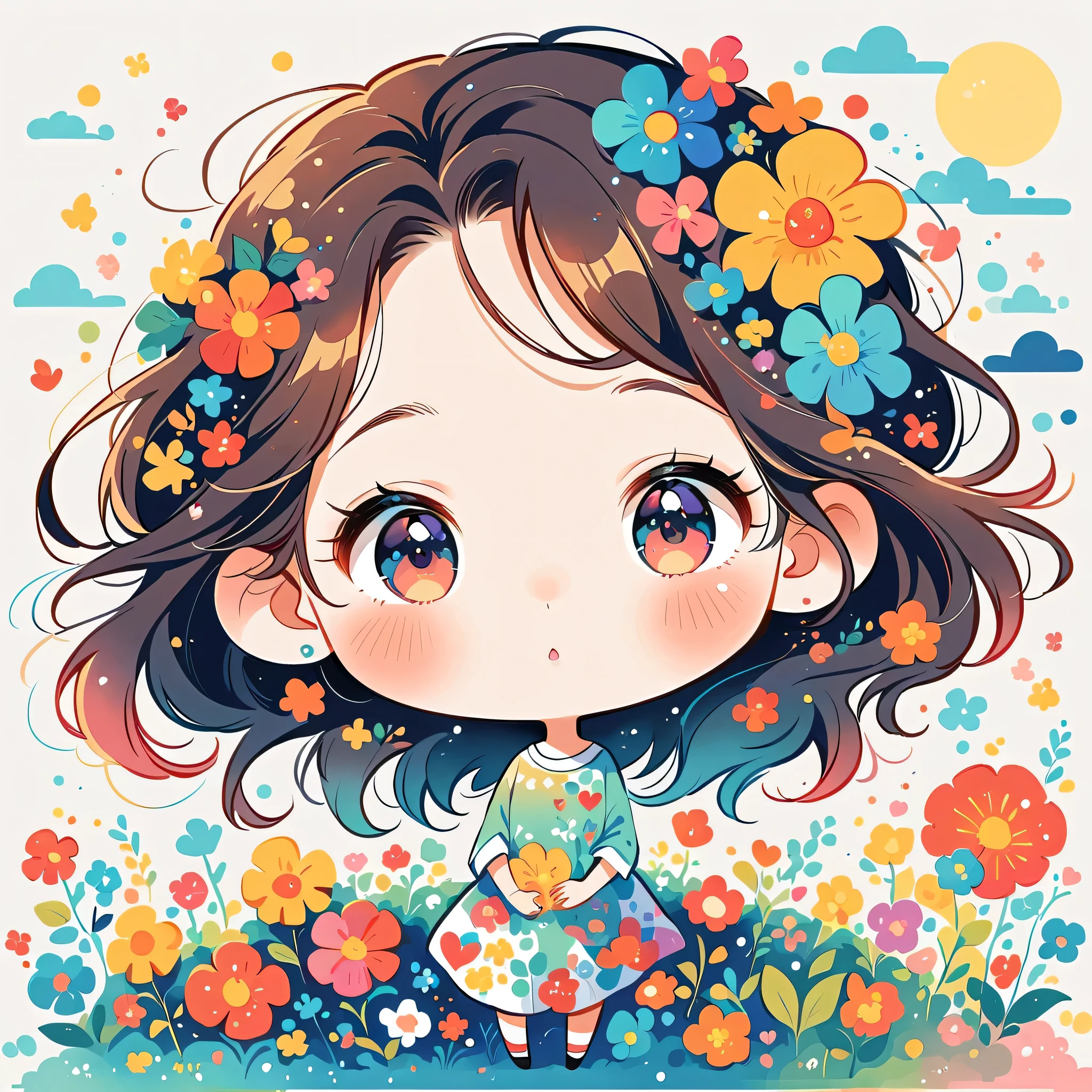Mai Yoneyama Style、The most beautiful girl of all time、Lips in Love、Colorful flowers、Simple line initials、Abstract art、Moon Background, (((chibi))),