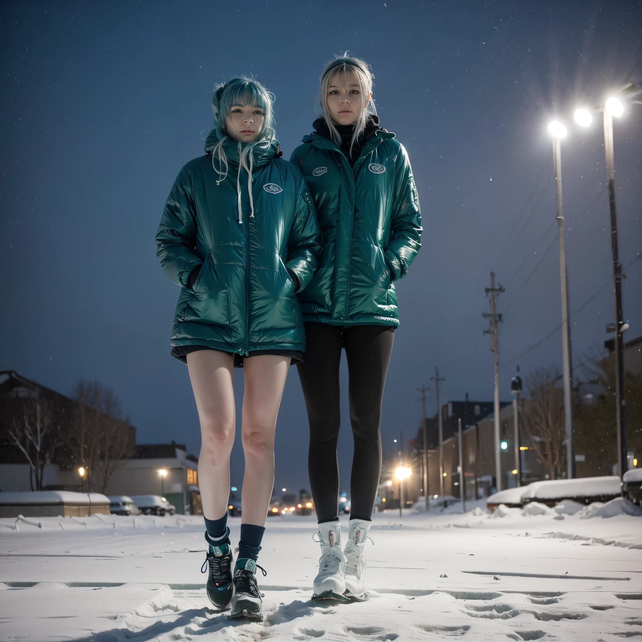 best quality,ultra high res,1girl,solo,full body,snow,city,, blue hair,green eyes,jk,,