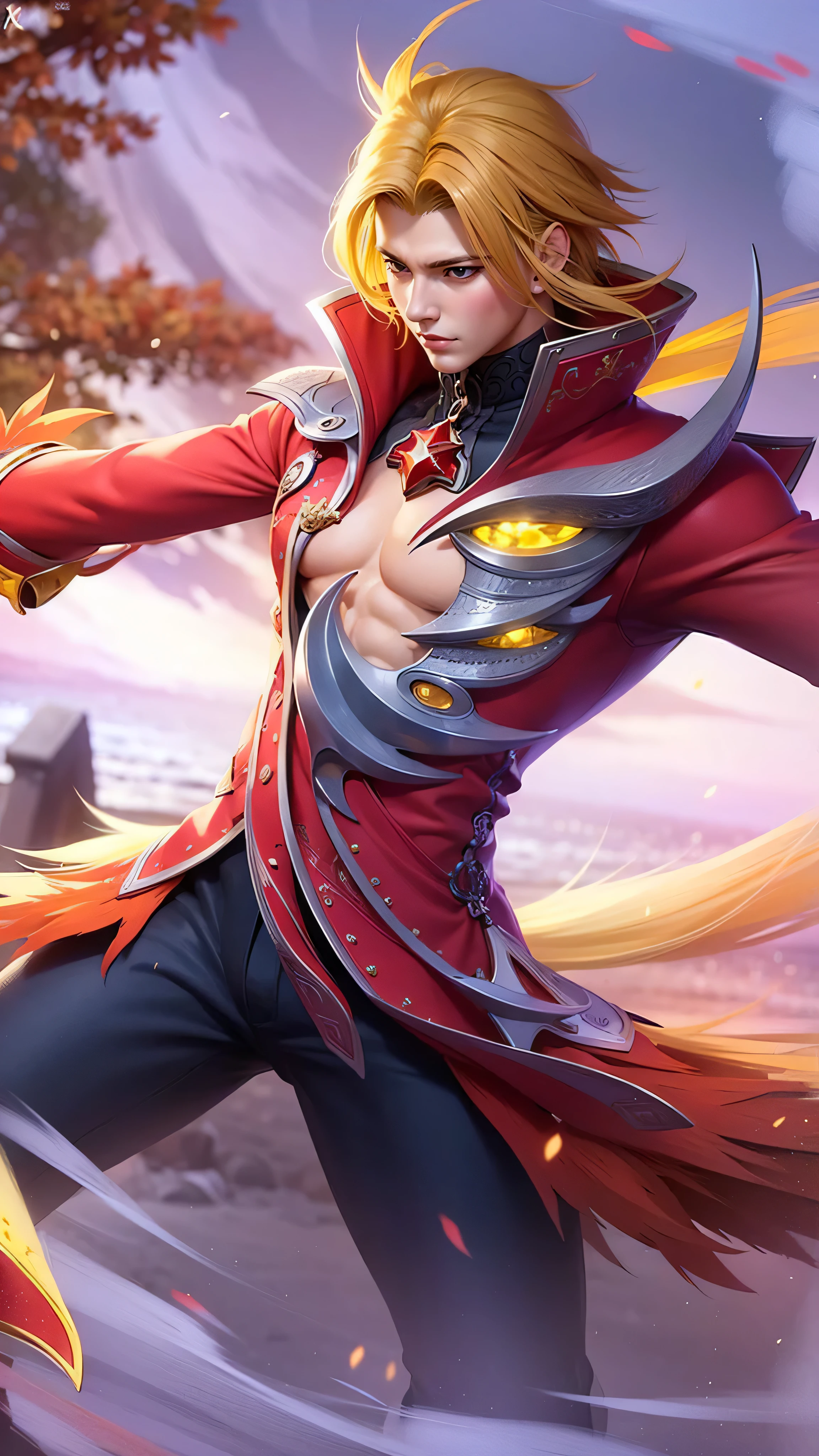 Realistic Anime style, handsome boy, cool boy, (detailed face 8k) (detailed hair 8k) (detailed clothes 8k) red cloak, blonde hair, 8K, HDR sharpen.