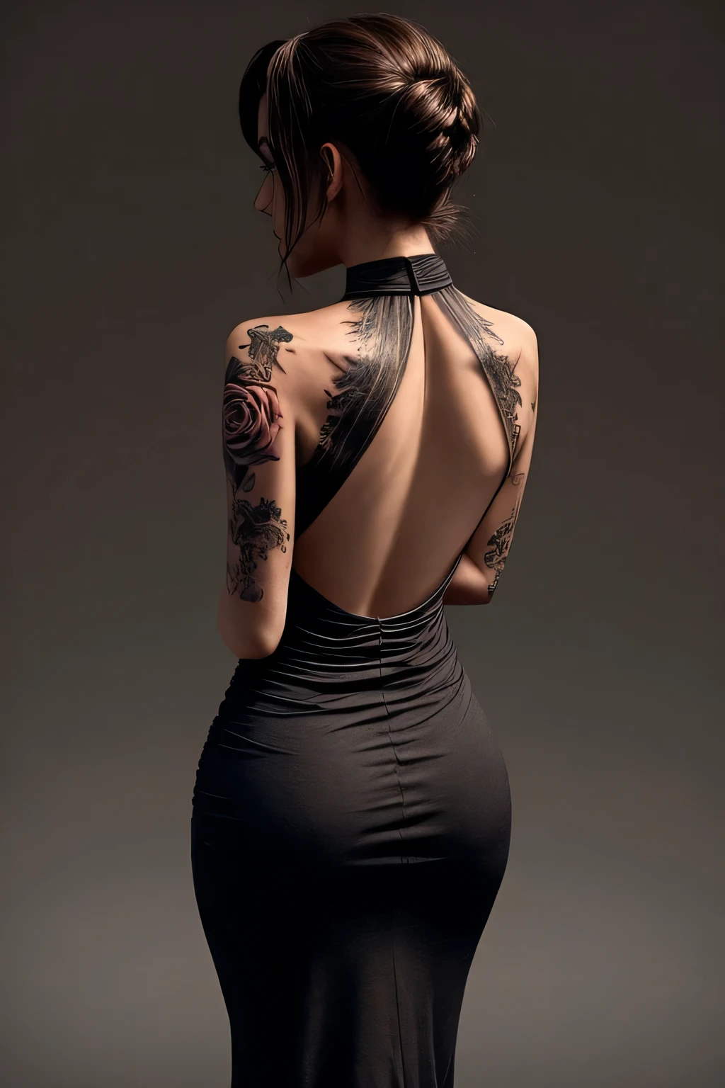 Woman's back view in a halter neck dress has a single rose tattooed on her back