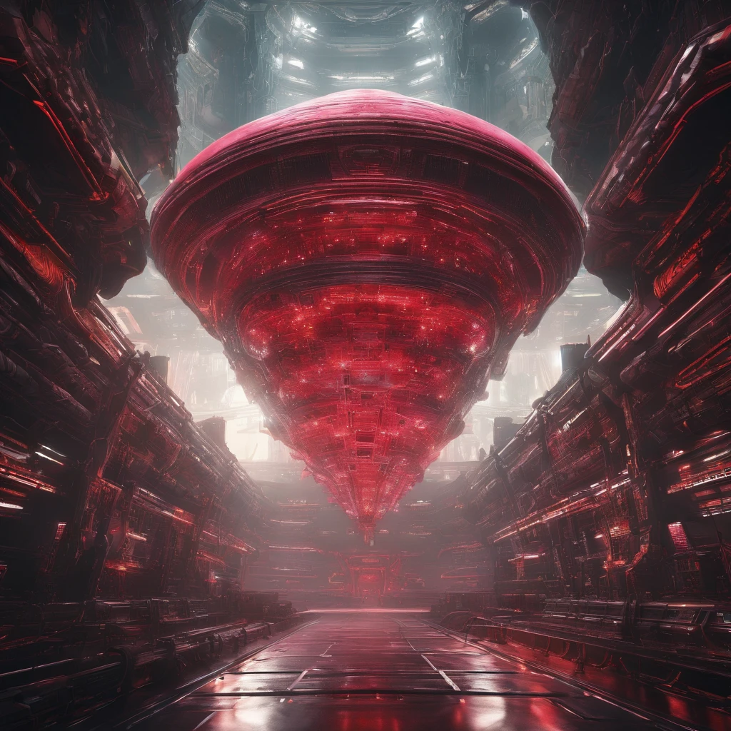 A conceptual image of the birth of the world's first functional quantum computer. The massive structure is an interwoven tapestry of advanced technology and intricate designs, with workers in forest green body armor attending to their duties. In the background, AI figures stand in awe as futuristic architecture and dark fantasy elements add an enigmatic touch. Through the dock window, a sleek spaceship with primary colors of neon gold and candy apple red soars majestically through the void, its diamond ruby nacelles emitting a mesmerizing, cream-colored glow