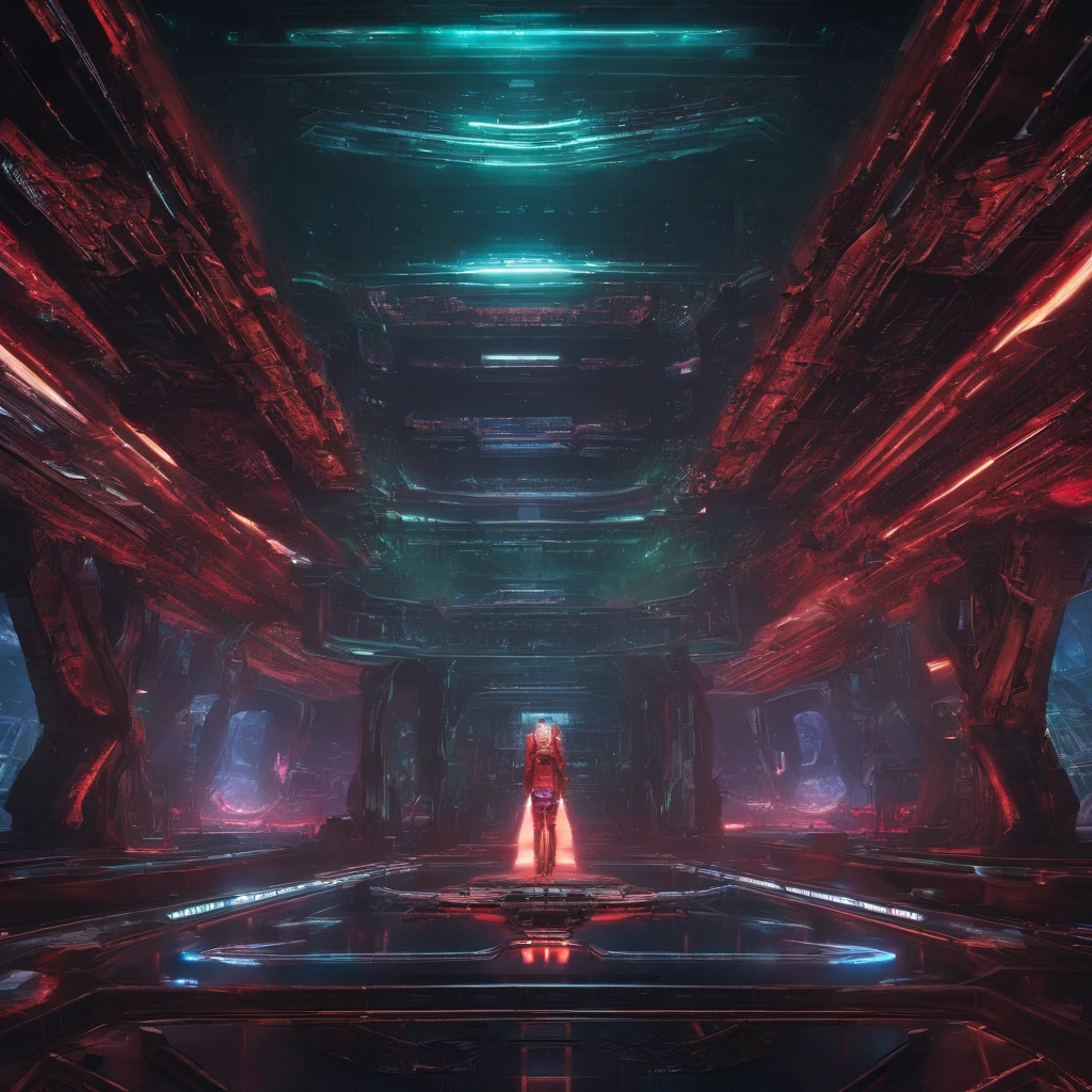 A conceptual image of the birth of the world's first functional quantum computer. The massive structure is an interwoven tapestry of advanced technology and intricate designs, with workers in forest green body armor attending to their duties. In the background, AI figures stand in awe as futuristic architecture and dark fantasy elements add an enigmatic touch. Through the dock window, a sleek spaceship with primary colors of neon gold and candy apple red soars majestically through the void, its diamond ruby nacelles emitting a mesmerizing, cream-colored glow