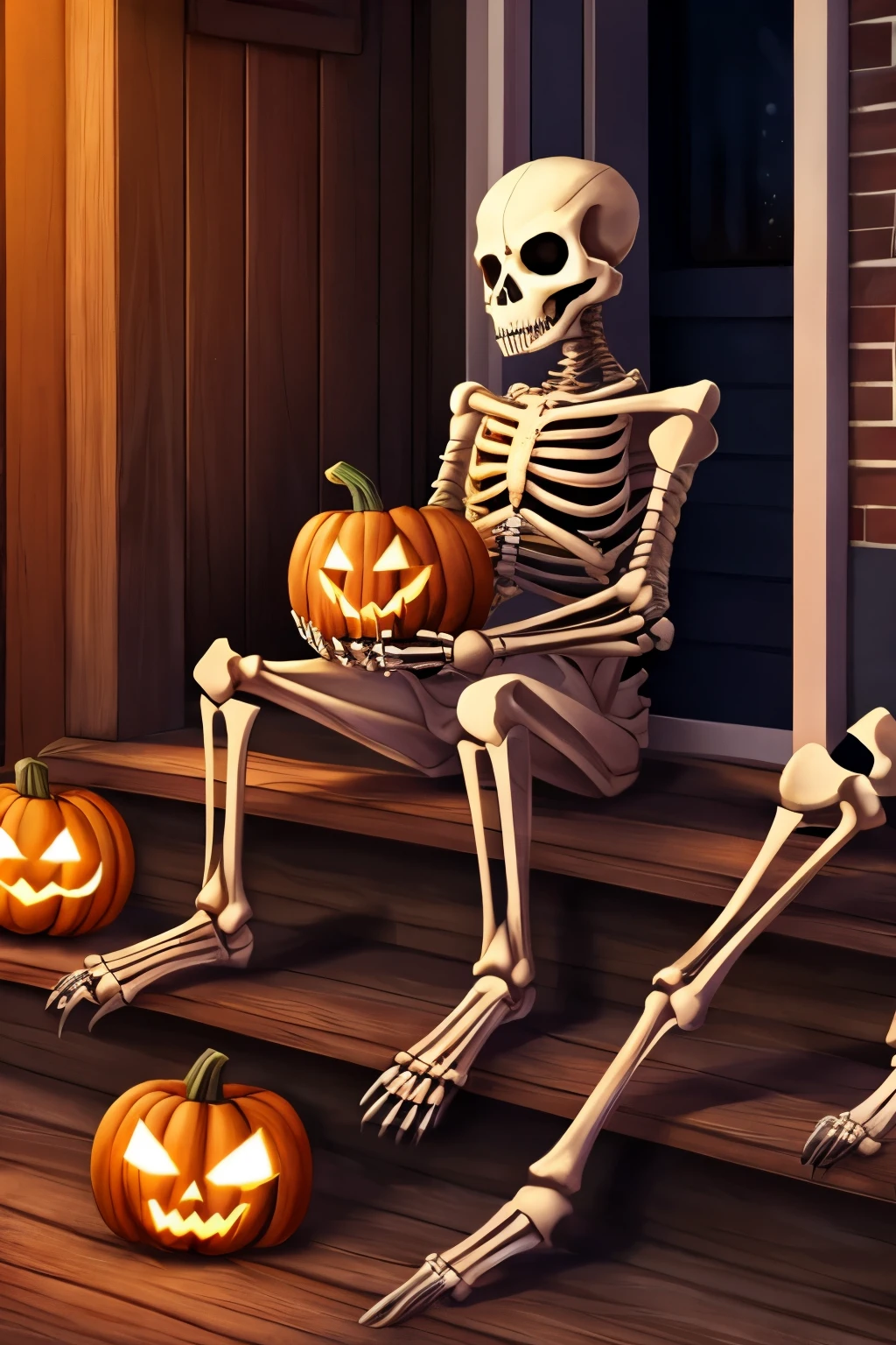 Make a skeleton. He is on the porch with a pumpkin. Dia de Halowen.