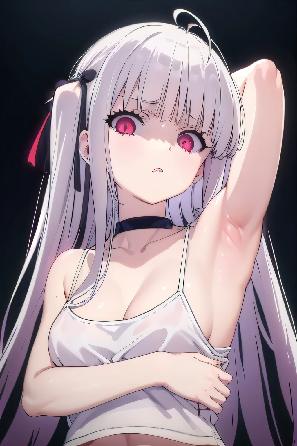 masterpiece, best quality, ultra-high-detailed, Disgusted face, white hair, red eyes, sigtuna julie , small breast, looking to viewer, deep eyes,  glare eyes, black crop top, camisole, bare shoulder, focus to face, black background, upper body , cleavage, sweated a lot, one arm up, one arm behind head, armpit crease, pits, armpit warm