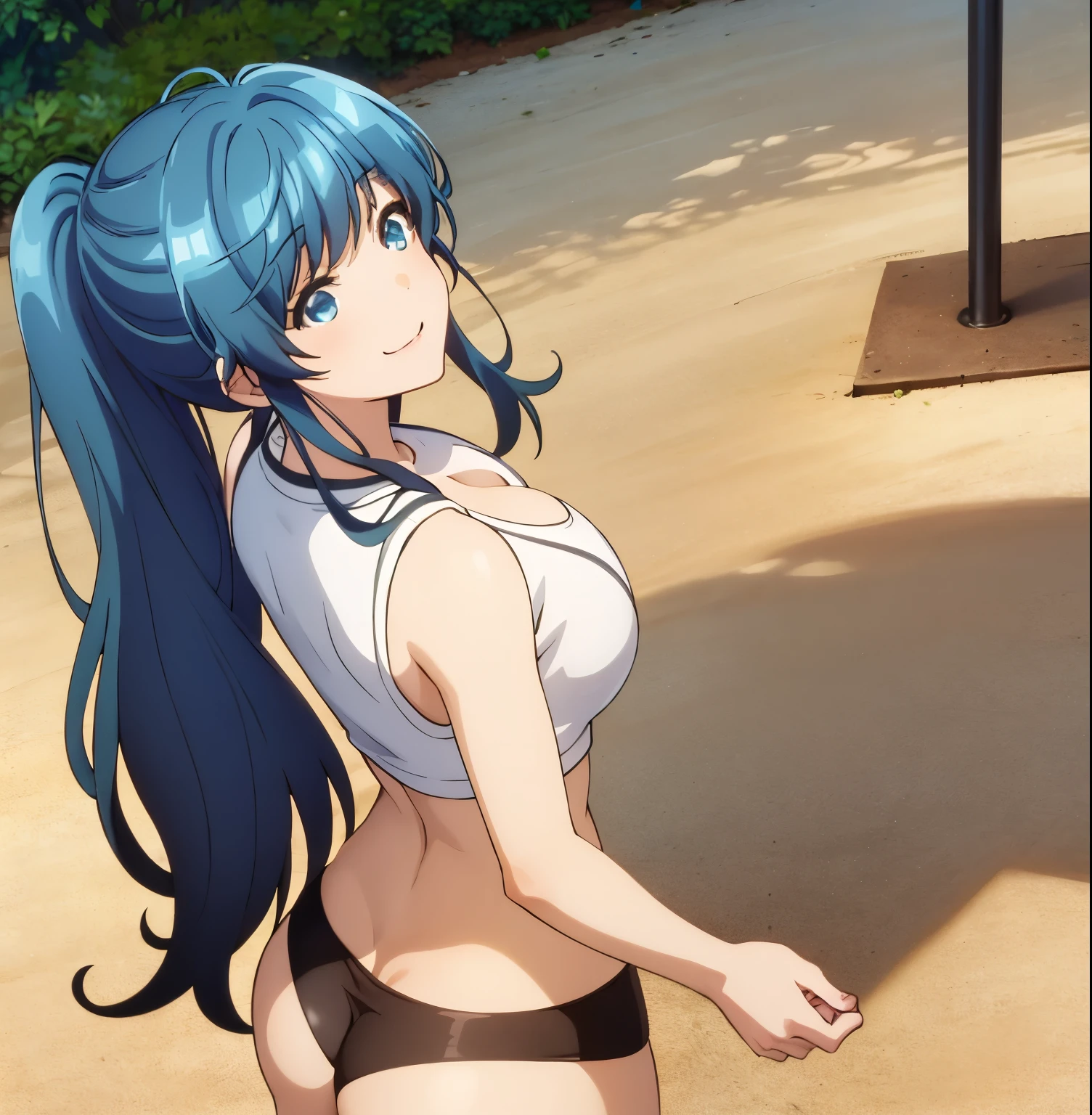 1girl,alone,minami,nanami,best quality,(masterpiece:1.2),detailed,smile,closed mouth,blue hair,blue eyes,long hair,ponytail,black sports top,crop top,off shoulders,cleavage, bare back, black sports shorts, short shorts, bare legs, white shoes, big breasts, medium waist, wide hips, medium thighs, round butt, park, leafy, sunny, clouds, good lighting, standing in the sand, seductive, smiling, mouth closed, looking at viewer, looking back, from behind, ass focus, pov (from below), good lighting, perfect anatomy, perfect hands,