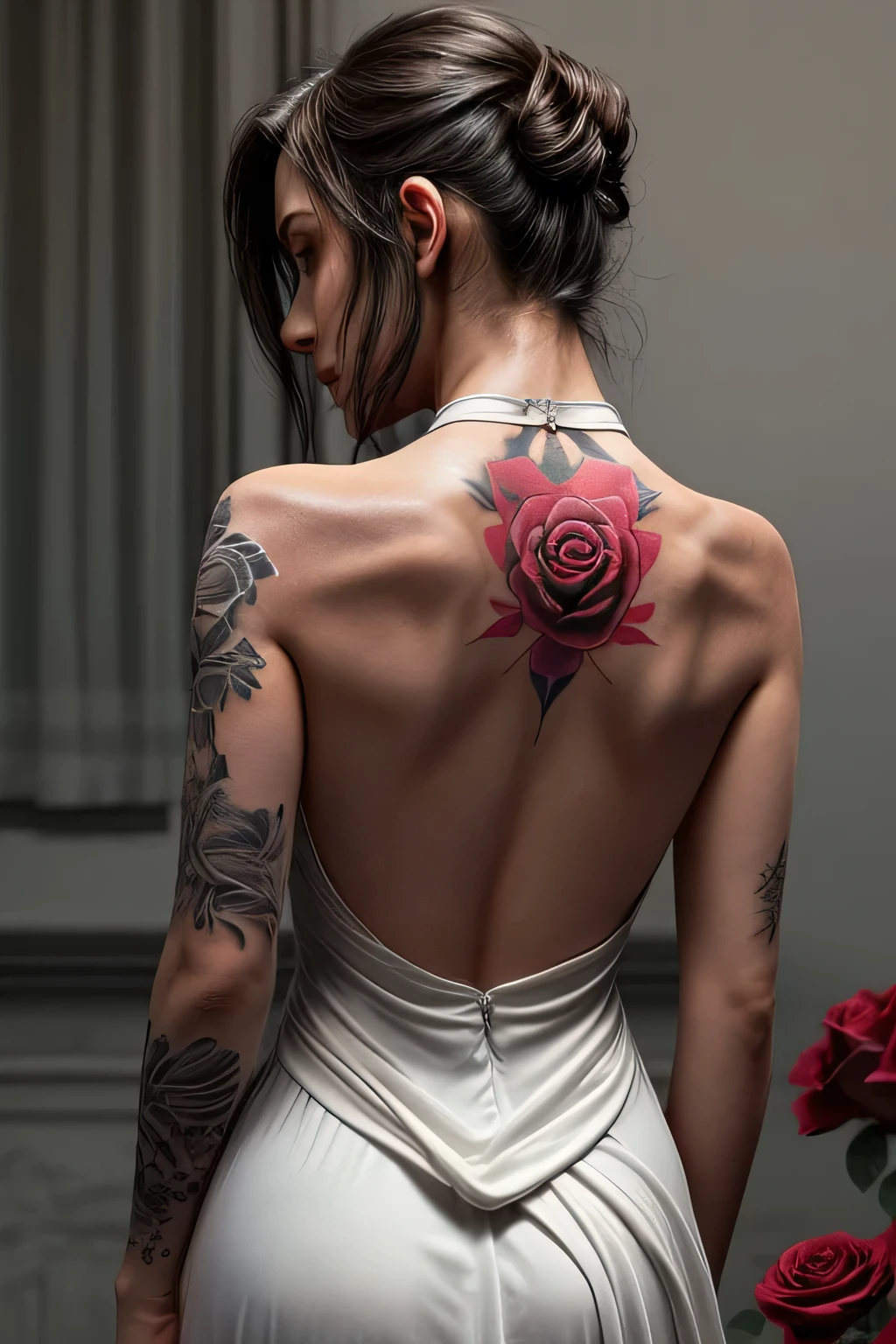 Woman's back view in a halter neck dress has a single rose tattooed on her back