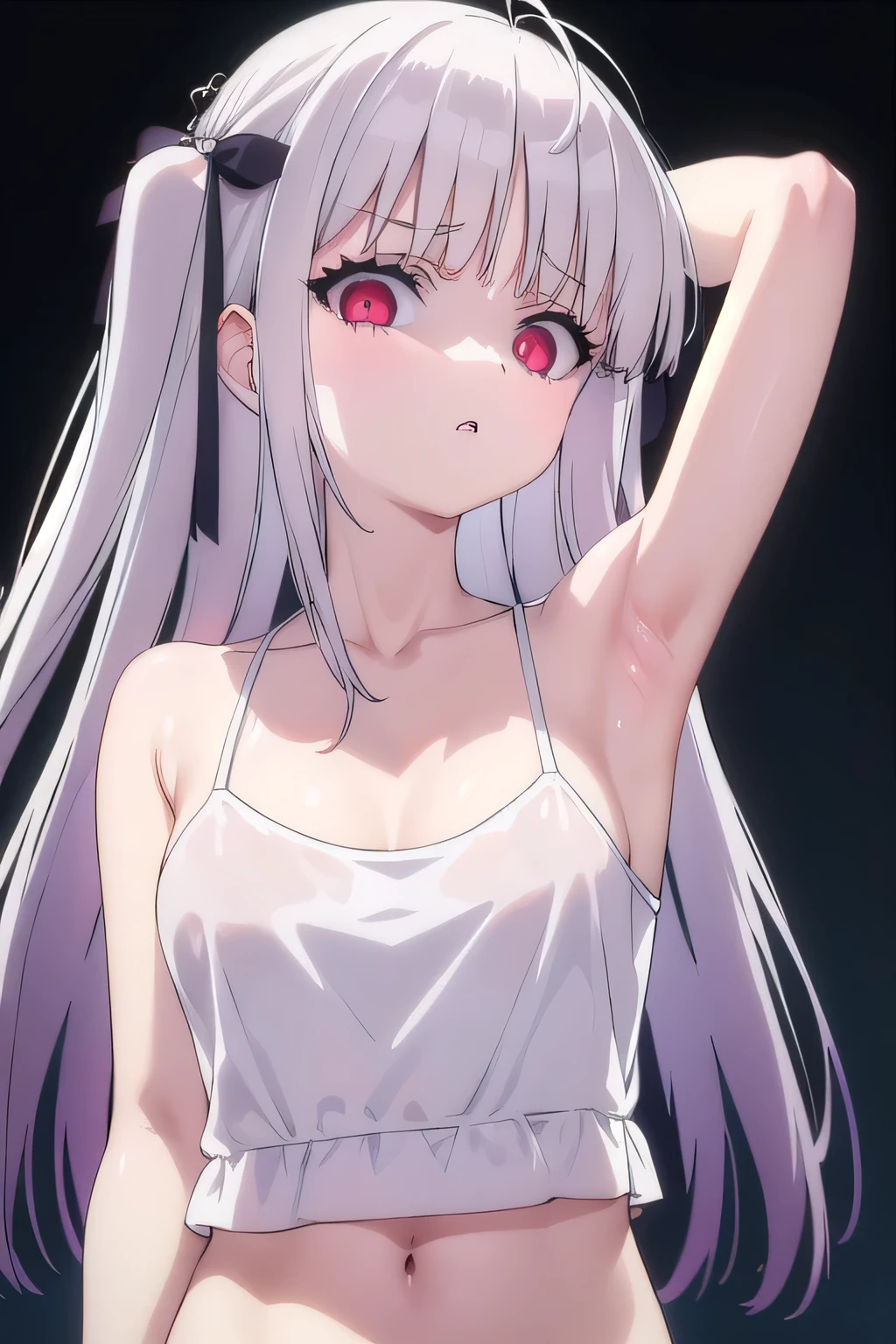 masterpiece, best quality, ultra-high-detailed, Disgusted face, white hair, red eyes, sigtuna julie , small breast, looking to viewer, deep eyes,  glare eyes, black crop top, camisole, bare shoulder, focus to face, black background, upper body , cleavage, sweated a lot, one arm up, one arm behind head, armpit crease, pits, armpit hot