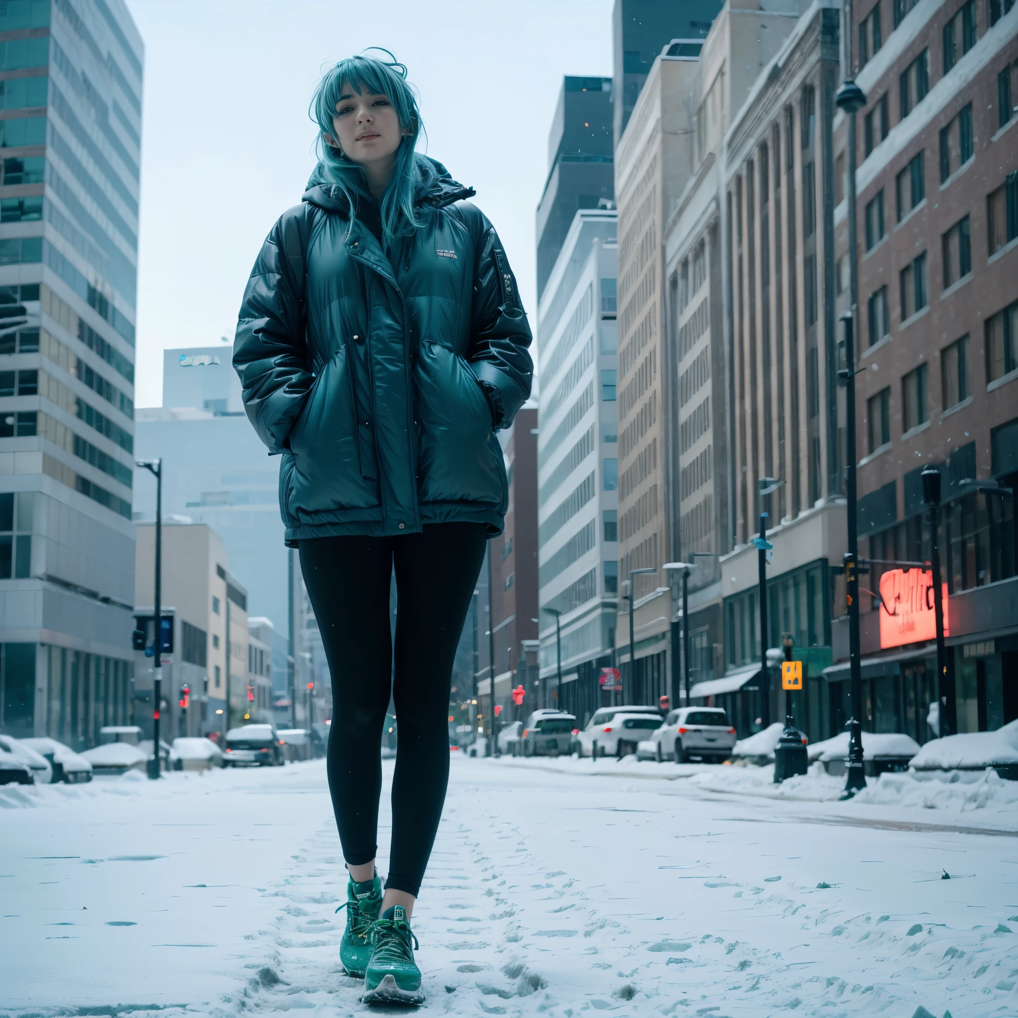 best quality,ultra high res,1girl,solo,full body,snow,city,, blue hair,green eyes,jk,,