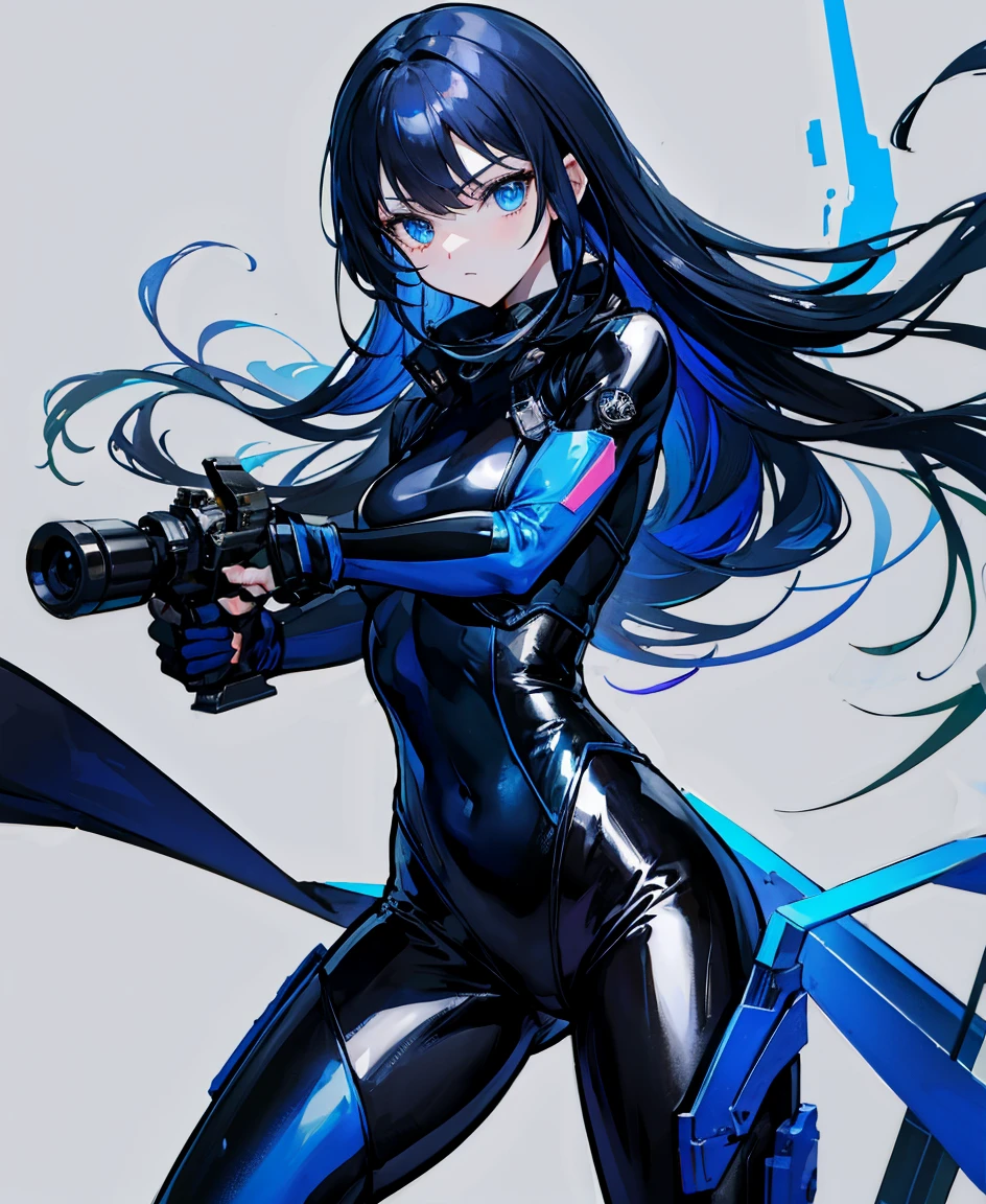 There is no background,girl,Carry a firearm,Patent leather tight suit,Use of firearms,Navy blue long hair,attention arousal,Blue colored eyes,No gradients