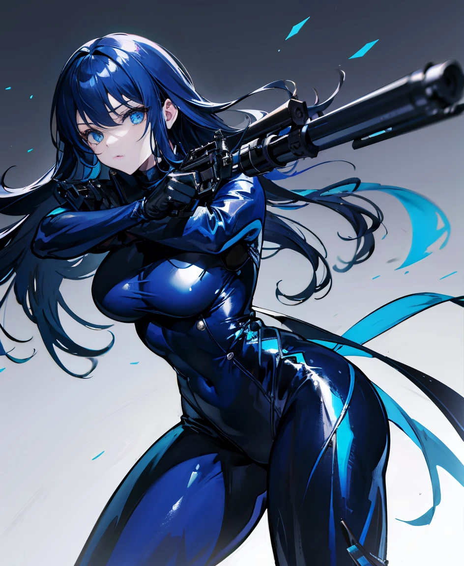 There is no background，girl，Carry a firearm，Patent leather tight suit，Use of firearms，Navy blue long hair，attention arousal，Blue colored eyes,No gradients