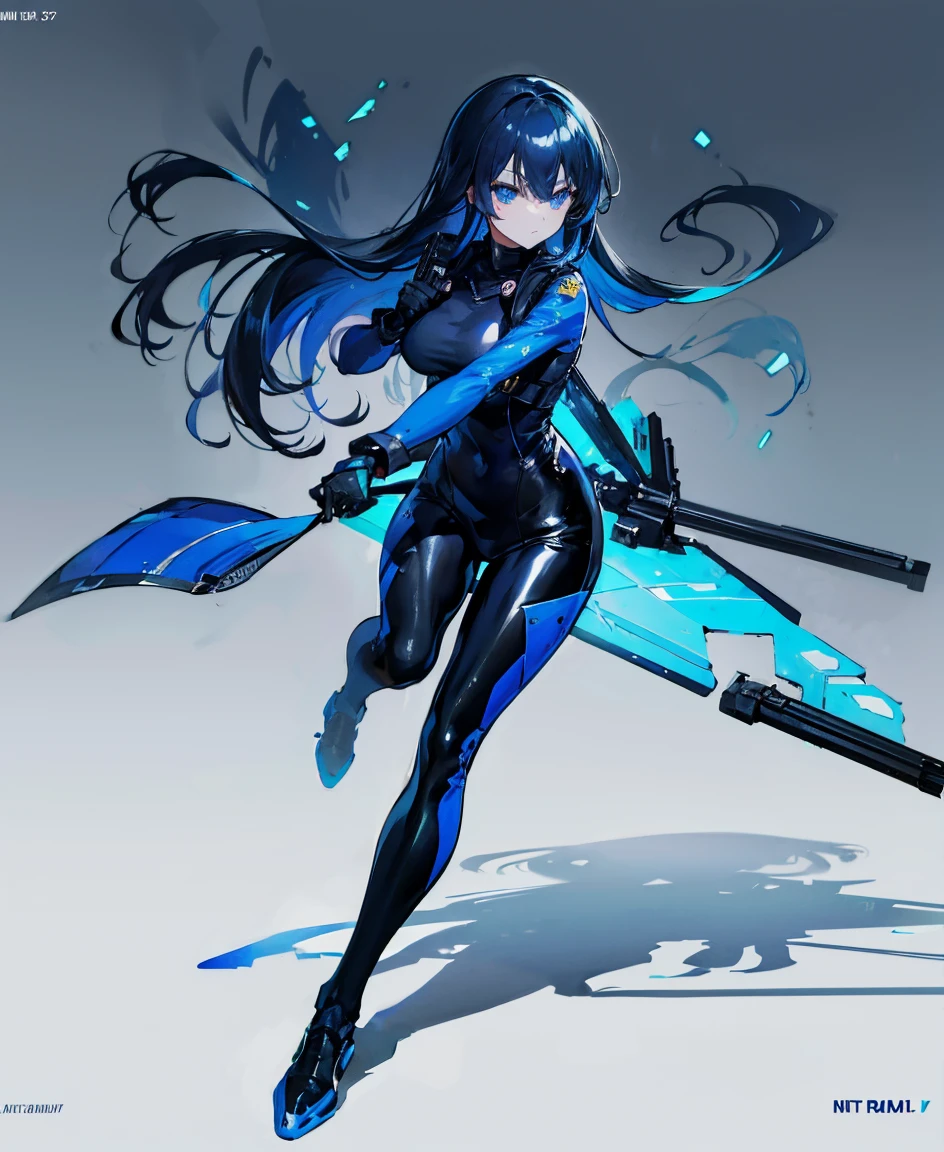 There is no background，girl，Carry a firearm，Patent leather tight suit，Use of firearms，Navy blue long hair，attention arousal，Blue colored eyes,No gradients