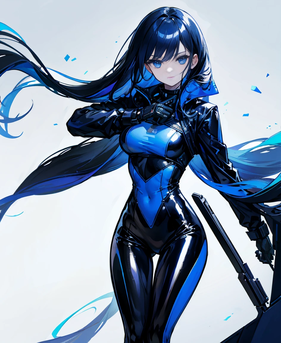 There is no background，girl，Carry a firearm，Patent leather tight suit，Use of firearms，Navy blue long hair，attention arousal，Blue colored eyes,No gradients