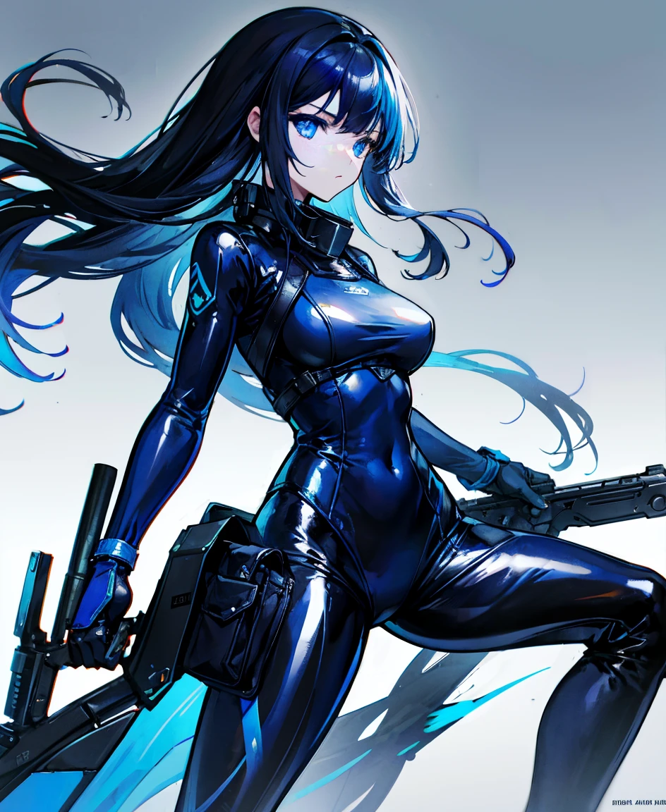 There is no background，girl，Carry a firearm，Patent leather tight suit，Use of firearms，Navy blue long hair，attention arousal，Blue colored eyes,No gradients