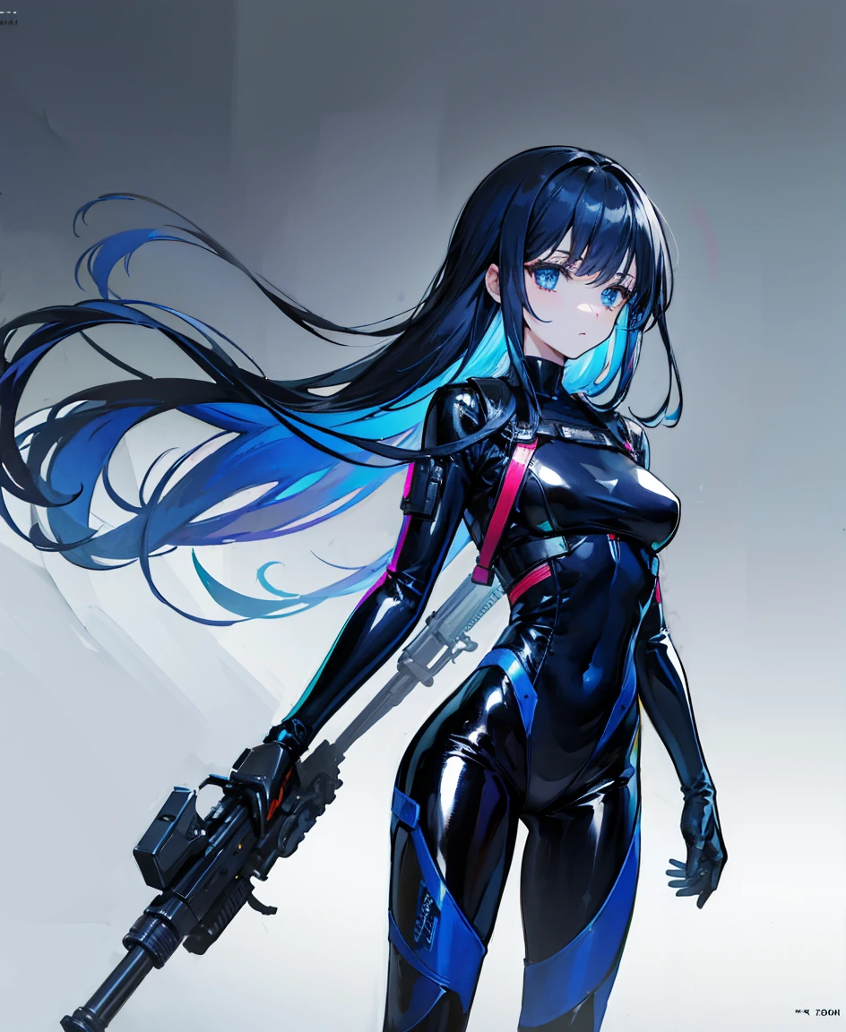There is no background,girl,Carry a firearm,Patent leather tight suit,Use of firearms,Navy blue long hair,attention arousal,Blue colored eyes,No gradients