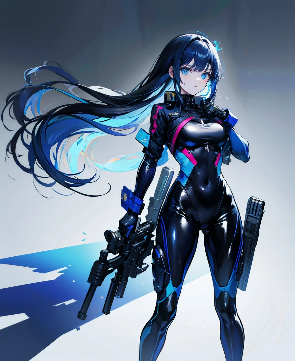 There is no background，girl，Carry a firearm，Patent leather tight suit，Use of firearms，Navy blue long hair，attention arousal，Blue colored eyes,No gradients