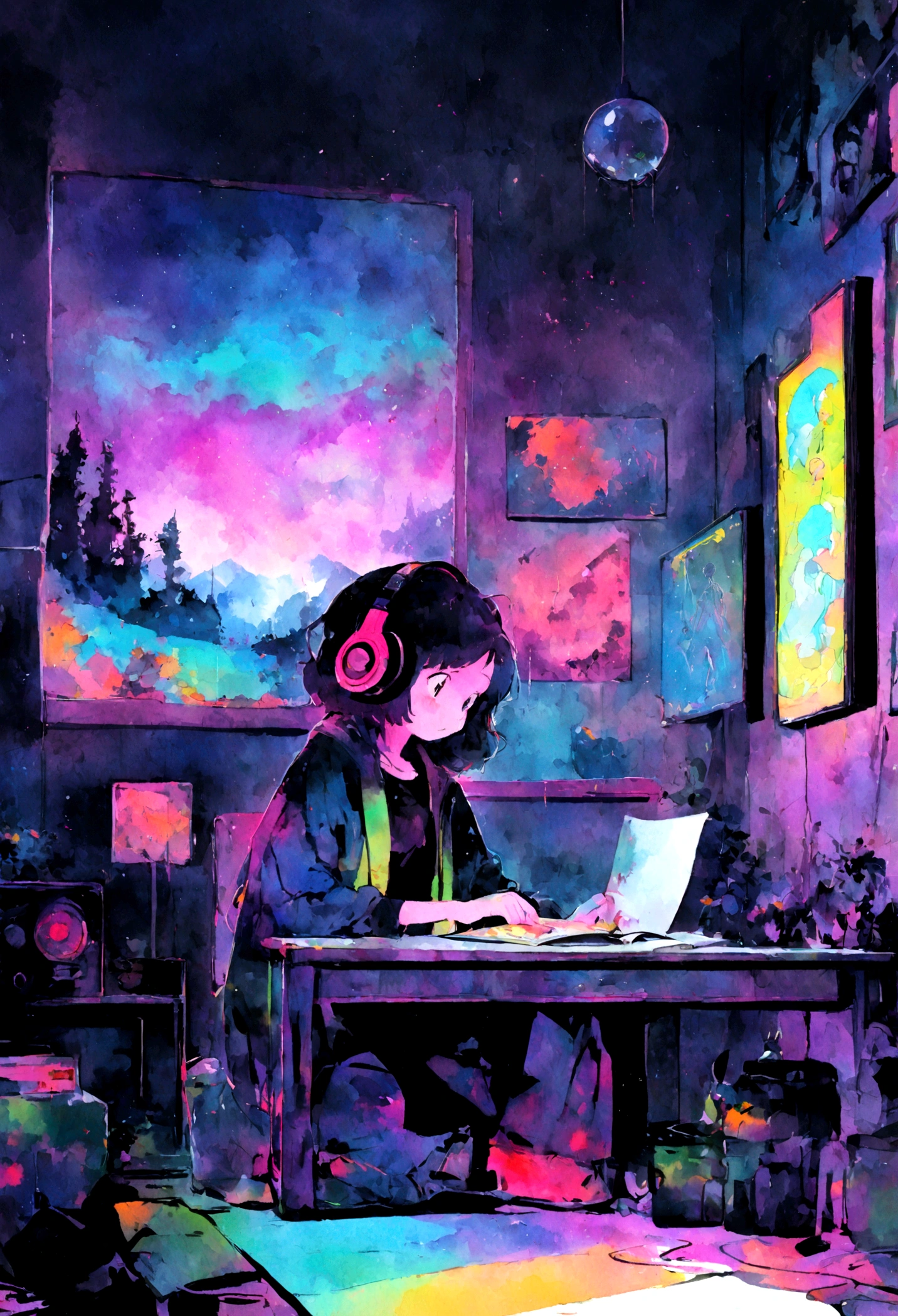 (zero), Girl studying in room, Reading a book, Wear headphones, , Night lighting, Neon scenery on a rainy day,Analog Color Theme, Lo-fi Hip Hop , retrospective exhibition, flat, 2.5D ,Draw a line, Ink drawing, Large slope, Watercolor, Goosh Colors, Studio Ghibli style, Great colorful, Outerton, Synthwave, Lofi Art,90s Style,Old Texture, amplitude,90s vibe, Tabletop, Great technology, 16:9 Scale