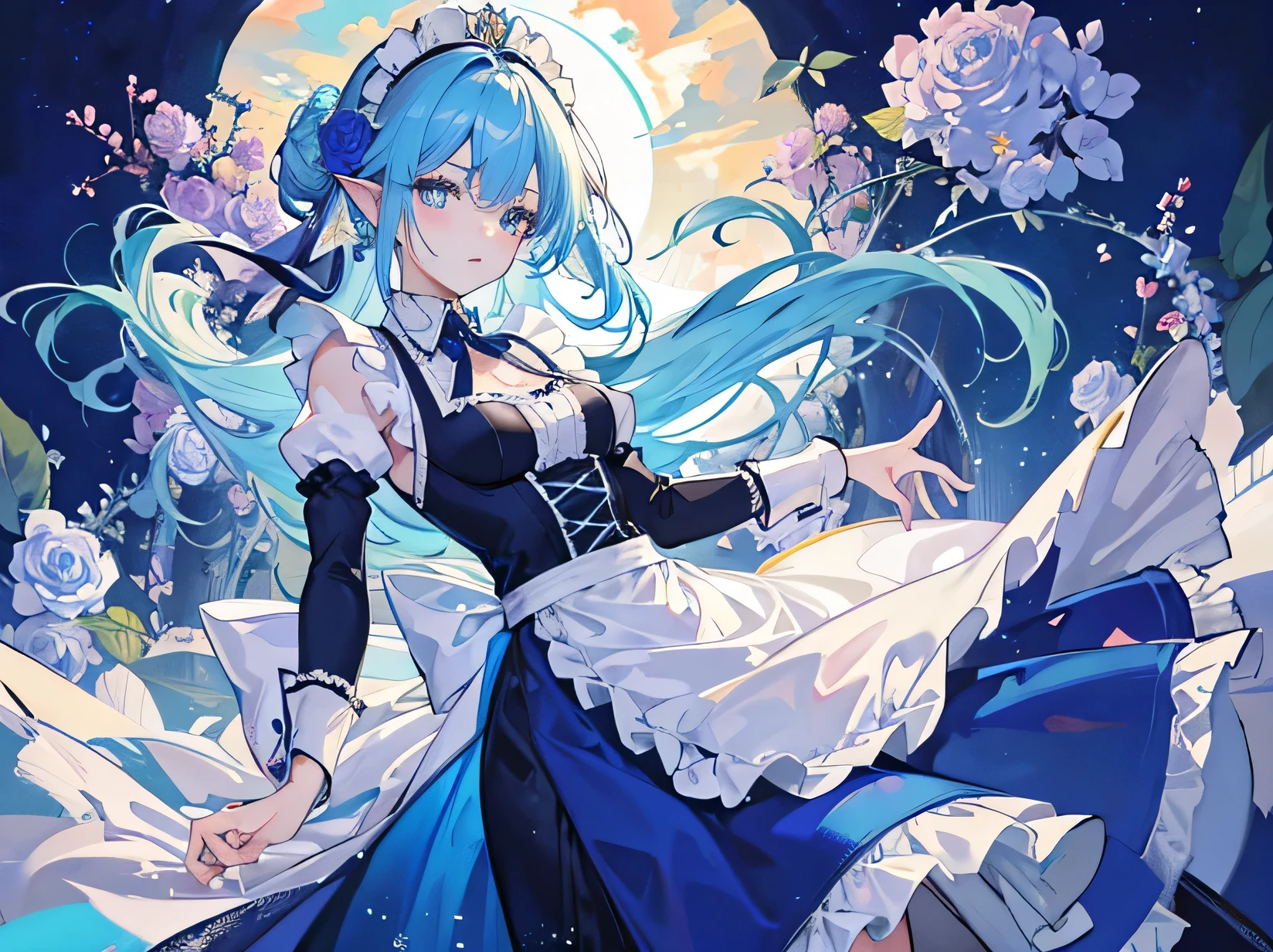 blue hair, medium hair, floating hair, big hair, eyeball, blue eyes, high detailed eyes, long pointy ears, anime, by Alfons Mucha, blending, masterpiece, accurate, textured skin, best quality, highres, super detail, 8k,elf, mature lady, maid, Maid outfit, frilly apron, (Rose Garden), Colorful roses are blooming