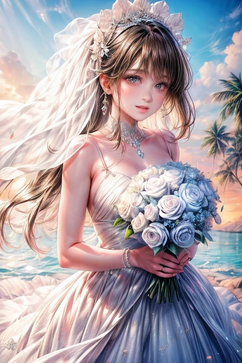 (((cowboyshot, 1girl , solo))):1.2, (best quality, highres,masterpiece:1.2, 8k, ultra-details:1.2, photorealistic:1.37), cute girl in  bright and sunny sandy beach wedding, pure white swimware that resembles a wedding dress, brown hair, bangs, beautiful ultra-delicate (face, eyes, lips, clothes), ((holding a bouquet tightly)), crystal clear turquoise water, white sandy beach, tropical palm trees swaying in the gentle breeze, providing shade, happily expressions on the faces of the bride, sparkling diamond ring on the bride's finger, soft golden sunlight creating a warm and romantic atmosphere, romantic beach decorations with shells and flowers, intricate lace details on the swimware, bride surrounded by loved ones, clear blue sky with fluffy white clouds, refreshing sea breeze caressing everyone's skin, sounds of laughter and happiness filling the air, the gentle sound of waves crashing on the shore.