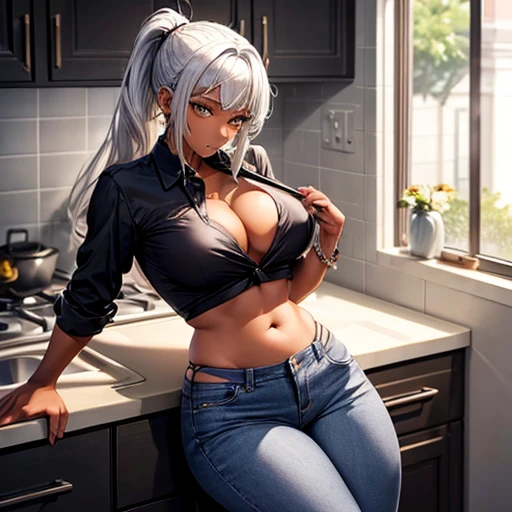 Silver hair ponytail, A dark-skinned woman wearing a black dress shirt and slim jeans is making naan curry。. Showing your belly button Alluring thighs