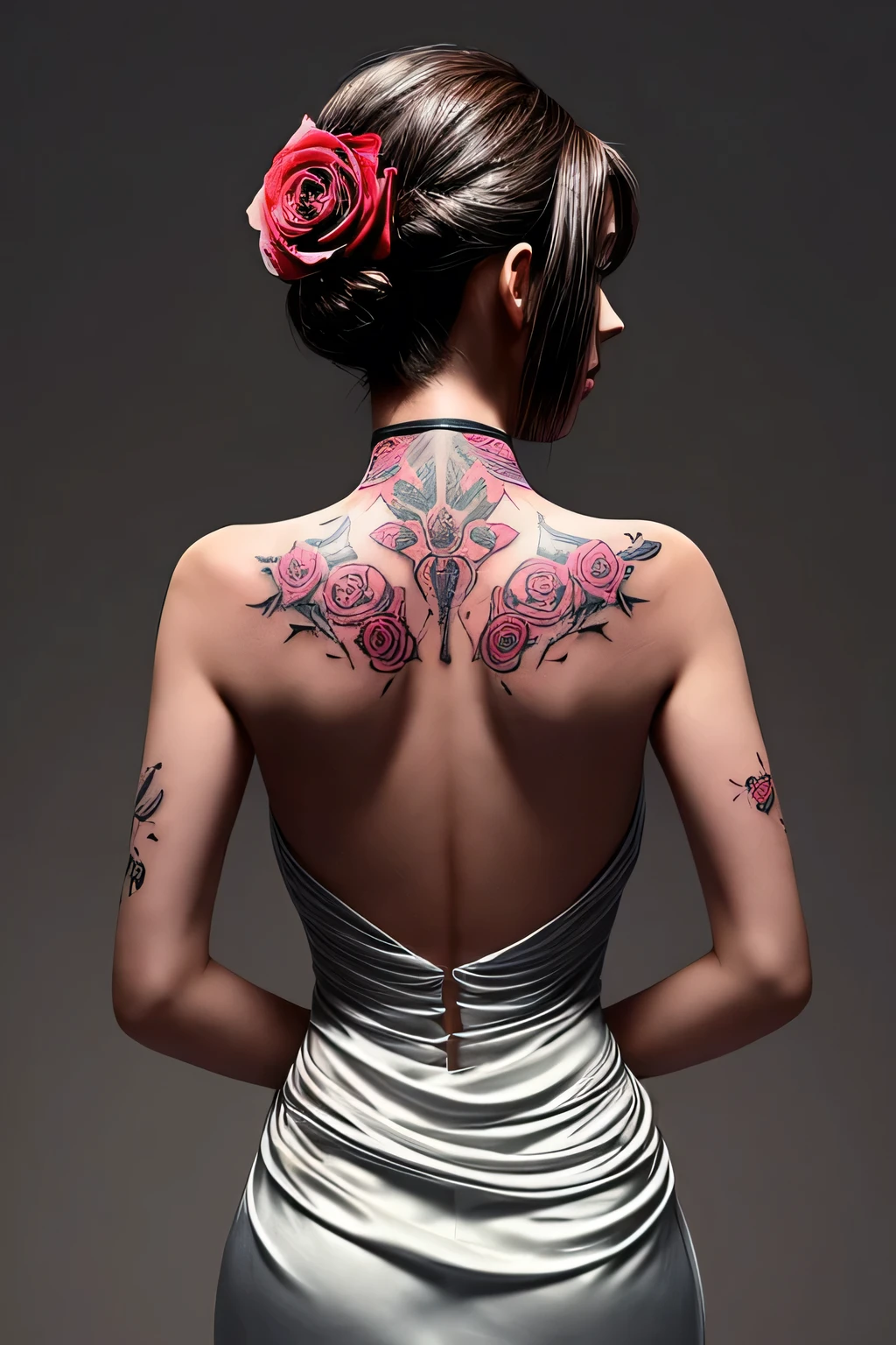 Woman's back view in a halter neck dress has a single rose tattooed on her back