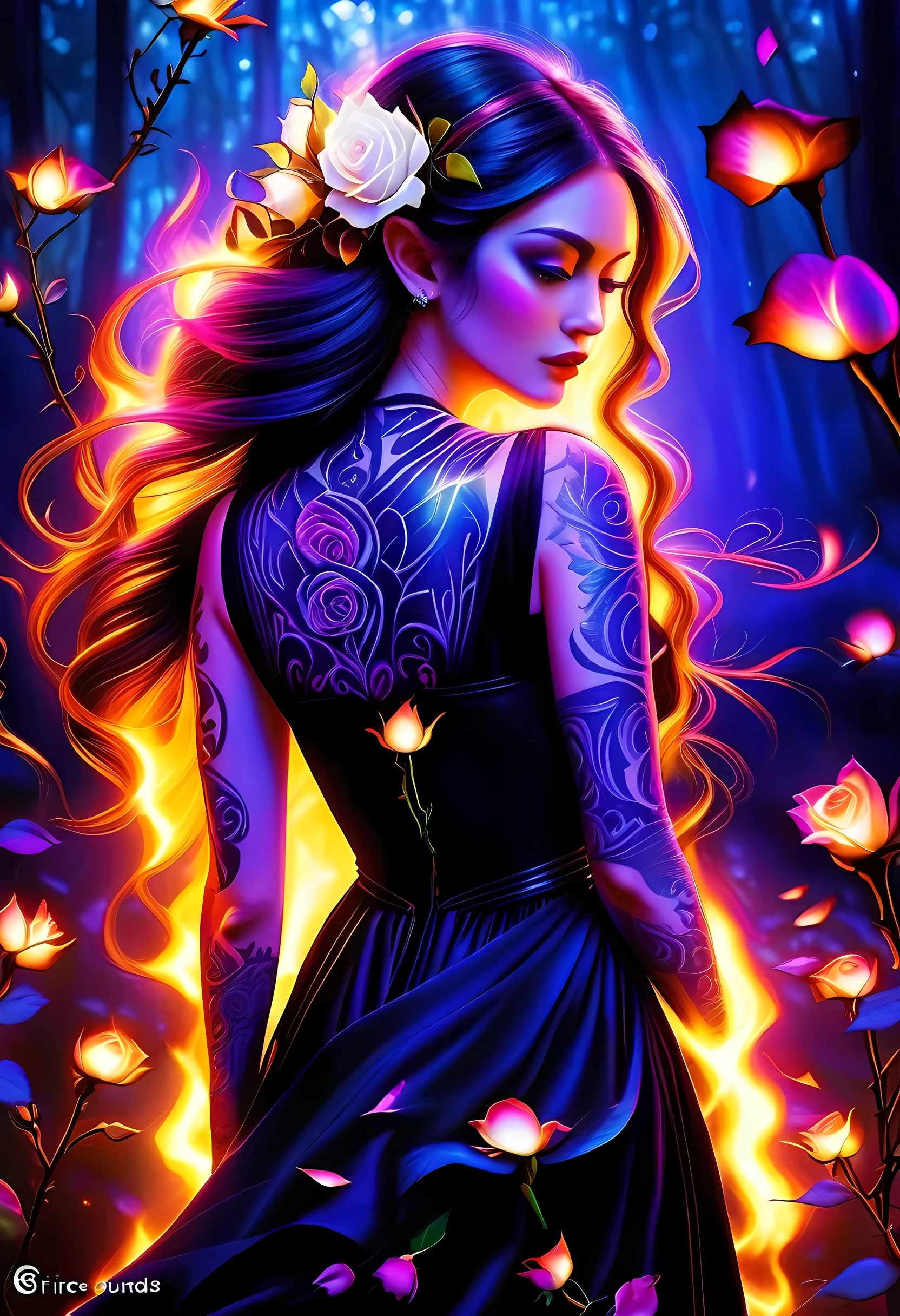 Arafed, Dark fantasy art, fantasy art, goth art, a picture of a tattoo on the back of a female elf, a glowing tattoo of a ((white rose: 1.3)) the ((rose tattoo)) is vivid, intricate detailed coming to life from the ink to real life, GlowingRunesAI_purple, ((fire surrounds the rose petals: 1.5)), shoot taken from the back, ((the back is visible: 1.3), she wears a transparent  black dress, the dress is elegant, flowing, elven style, that the tattoos glow, dynamic hair color, dynamic hair style, faize, 