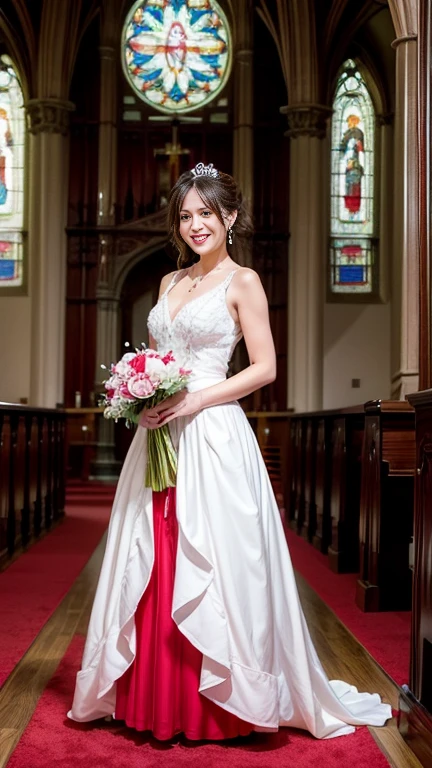 highest quality, Realistic, Very detailed, finely, High resolution, 8k wallpaper, Beautiful woman,, Brown hair short ponytail, (Red and white shot-Todres), Perfect dynamic composition, finelyて美しい目, Ample breasts, Realistic , smile, Model Body Type、Earrings,garnet necklace,tiara,(Holding a bouquet),Beautiful feet,(Church with beautiful stained glass),Full Body Shot:1.3,Smile and laugh,