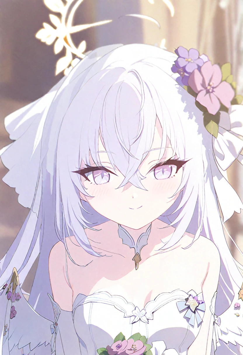 azusa \(blue archive\),1girl 1other alternate_costume angel_wings bare_shoulders blush bouquet breasts bridal_veil bride cleavage closed_mouth collarbone dress feathered_wings flower hair_between_eyes halo holding holding_bouquet jewelry long_hair looking_at_viewer medium_breasts necklace out_of_frame pink_flower pink_rose pov pov_hands purple_eyes rose solo_focus strapless strapless_dress veil very_long_hair wedding_dress white_dress white_flower white_hair white_rose white_wings wings small_breasts smile