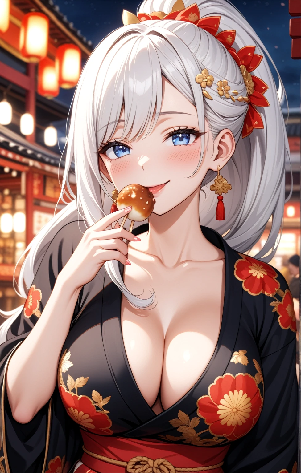 ((one personの女性)), Beautiful Face,Laugh shyly,((Wink:1.7)),Laughing with your mouth open,turn bright red,Glossy pink lips,night,Shrine festival stalls,((Anime style background)),masterpiece, highest quality, so beautiful, up to date, Complex details, (Pink long nails),AI-generated, Complex,High resolution, highest quality, super high quality,3D Images、View your audience、3D Images,one person,Long white hair,High Ponytail,blue eyes,Anime woman posing for a photo, [[Fine grain、Colorful eyes、Shining Eyes:1.15]],(Squint your eyes:1.1),a hyperRealistic , hyperRealistic , Realistic,Long haired white haired anime woman, Smooth anime CG art, A woman in a colorful kimono with gold embroidery, (Black kimono),Red floral pattern,Long flower hair ornament,Big earrings,(Big Breasts:1.1),Mature Body,tall,Big Ass,Fine details,Tight waist,(Face close-up:1.3),Tilt your face,Eating takoyaki