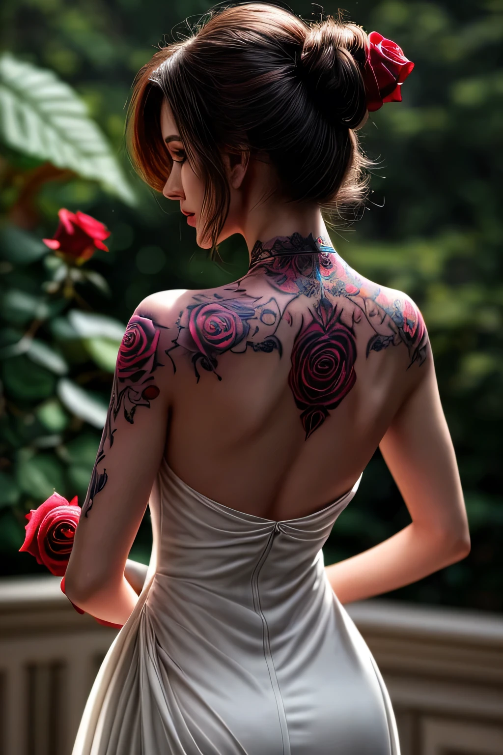 Woman's back view in a halter neck dress has a single rose tattooed on her back