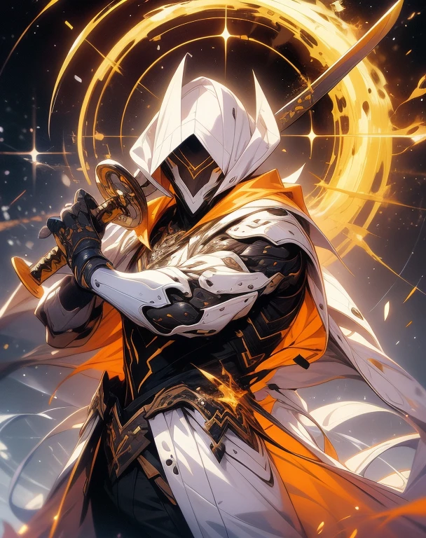 (absurdres, highres, ultra detailed), masterpiece, best quality, a boy in a white jacket, holding a sword, solo, handsome, short hair, white hair, detailed face, combat stance, attack pose, wielding sword pose, abstract background, swirl, spark, magic vortex
