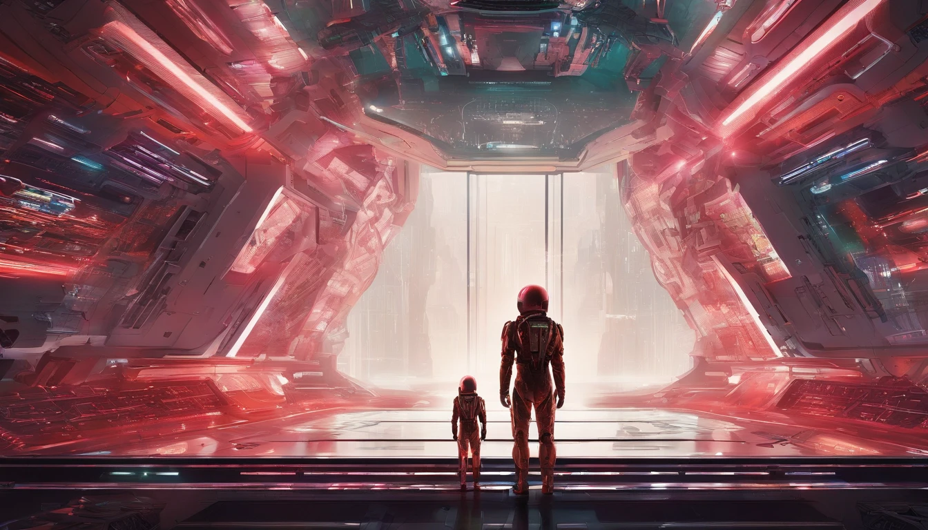 A conceptual image of the birth of the world's first functional quantum computer. The massive structure is an interwoven tapestry of advanced technology and intricate designs, with workers in forest green body armor attending to their duties. In the background, AI figures stand in awe as futuristic architecture and dark fantasy elements add an enigmatic touch. Through the dock window, a sleek spaceship with primary colors of neon gold and candy apple red soars majestically through the void, its diamond ruby nacelles emitting a mesmerizing, cream-colored glow