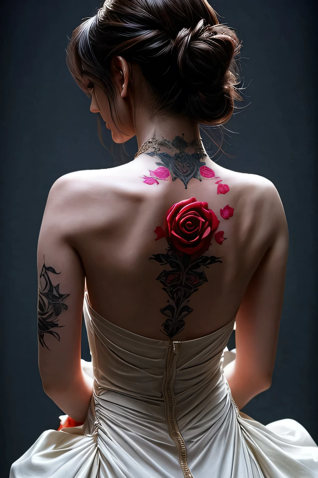 Woman's back view in a halter neck dress has a single rose tattooed on her back