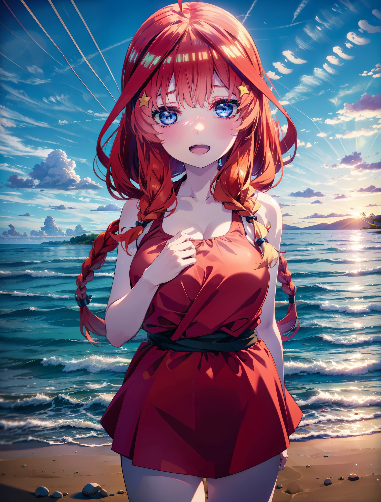 itsukinakano, Itsuki Nakano, bangs, blue eyes, Hair between the eyes, Ahoge, Redhead, star \(symbol\), hair ornaments, star hair ornaments,Big Breasts,Long braids,happy smile, smile, Open your mouth,belly button,Red Bikini Swimsuit,barefoot,A long, bright red stole is wrapped around her waist..,(Beach salon), Big Breasts,((salon)), Beach outfit,Real Summer,Palm tree,whole bodyがイラストに入るように,
break outdoors, Beach,
break looking at viewer, whole body,
break (masterpiece:1.2), highest quality, High resolution, unity 8k wallpaper, (shape:0.8), (Beautiful and beautiful eyes:1.6), Highly detailed face, Perfect lighting, Extremely detailed CG, (Perfect hands, Perfect Anatomy),