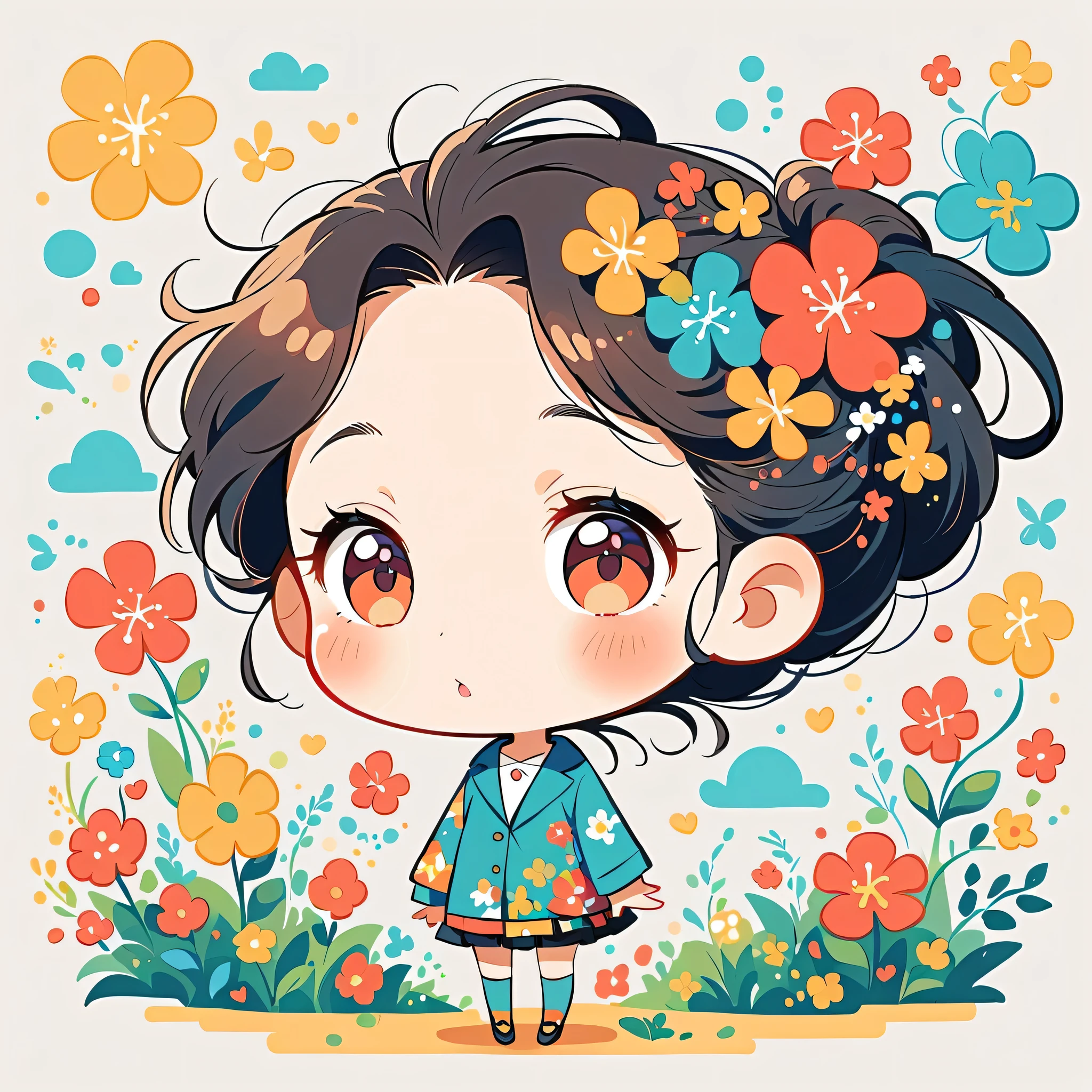 Takashi Murakami Style、The most beautiful girl of all time、Lips in Love、Colorful flowers、Simple line initials、Abstract art、Hawaii Background, (((chibi))),
