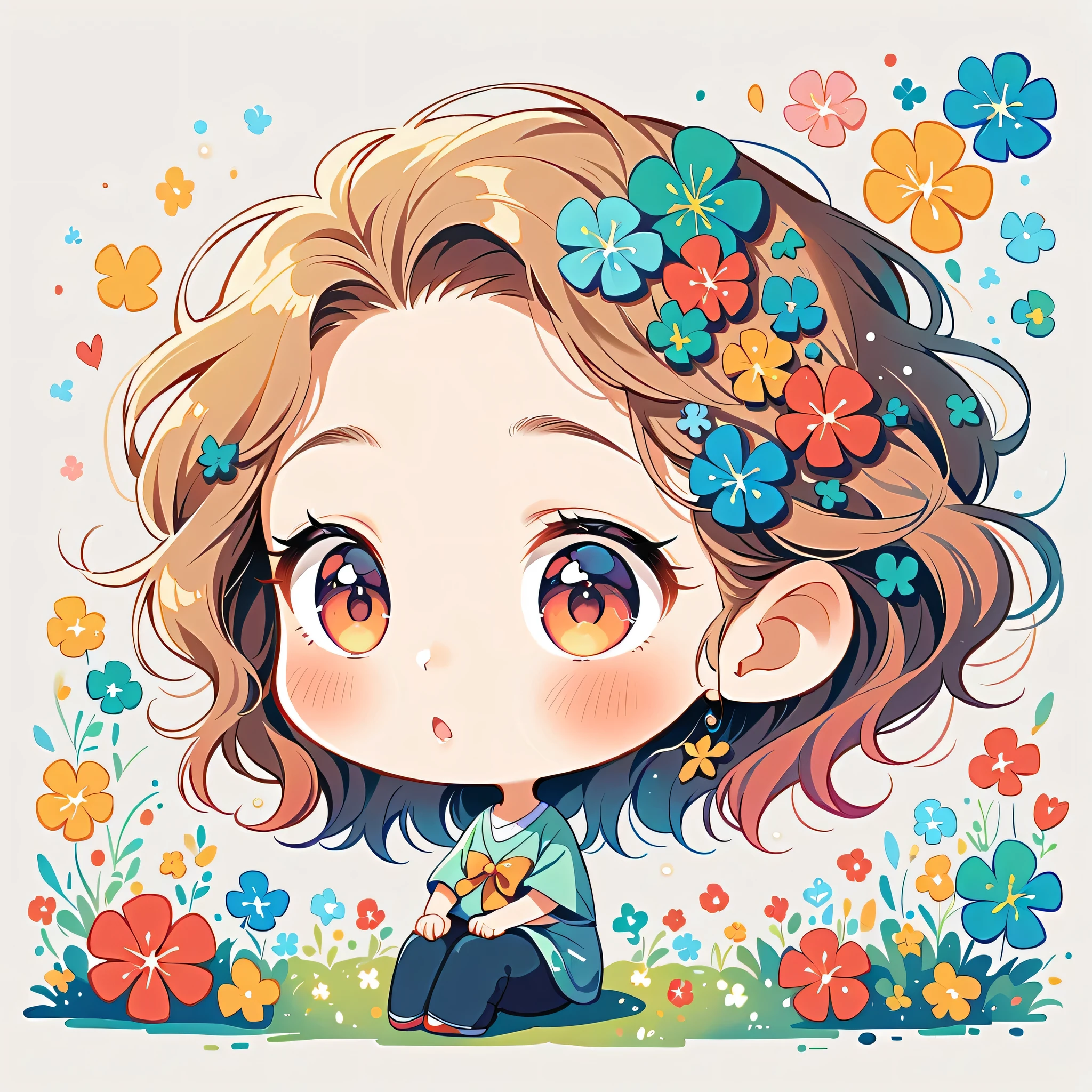 Takashi Murakami Style、The most beautiful girl of all time、Lips in Love、Colorful flowers、Simple line initials、Abstract art、Hawaii Background, (((chibi))),
