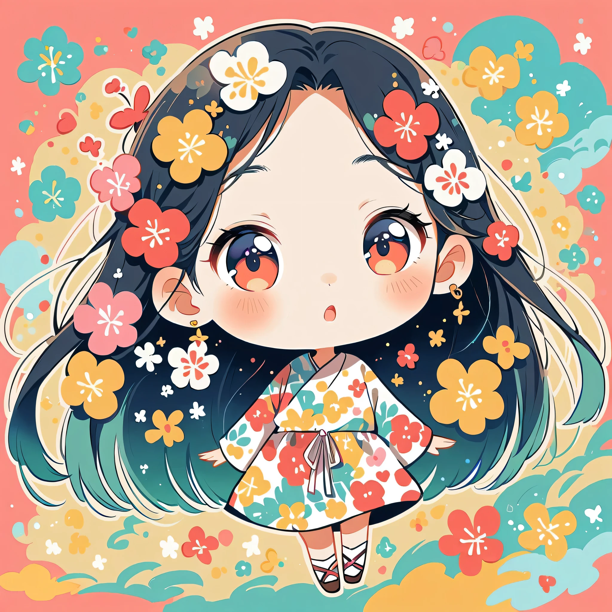 Takashi Murakami Style、The most beautiful girl of all time、Lips in Love、Colorful flowers、Simple line initials、Abstract art、Hawaii Background, (((chibi))),