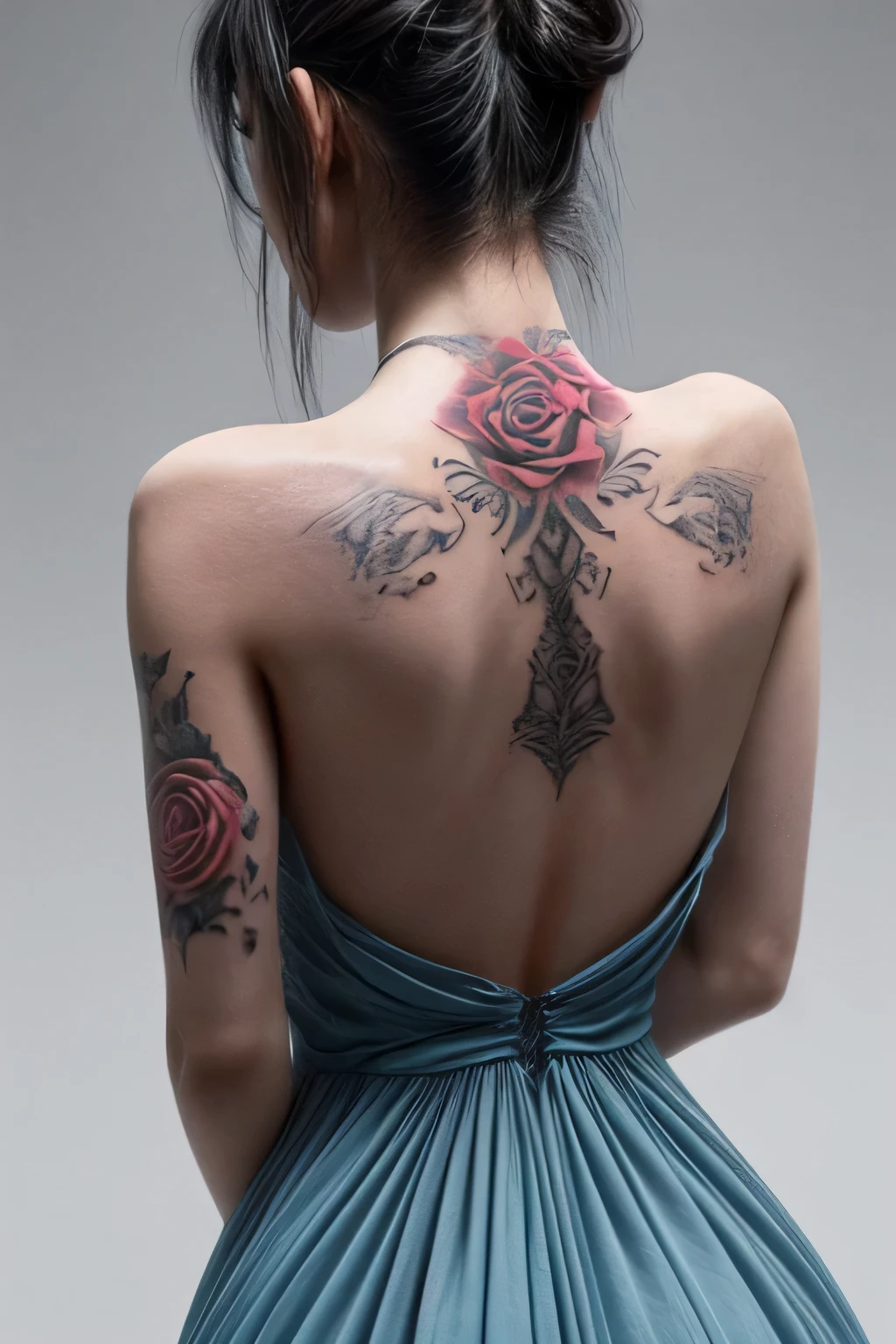 Woman's back view in a halter neck dress has a single rose tattooed on her back