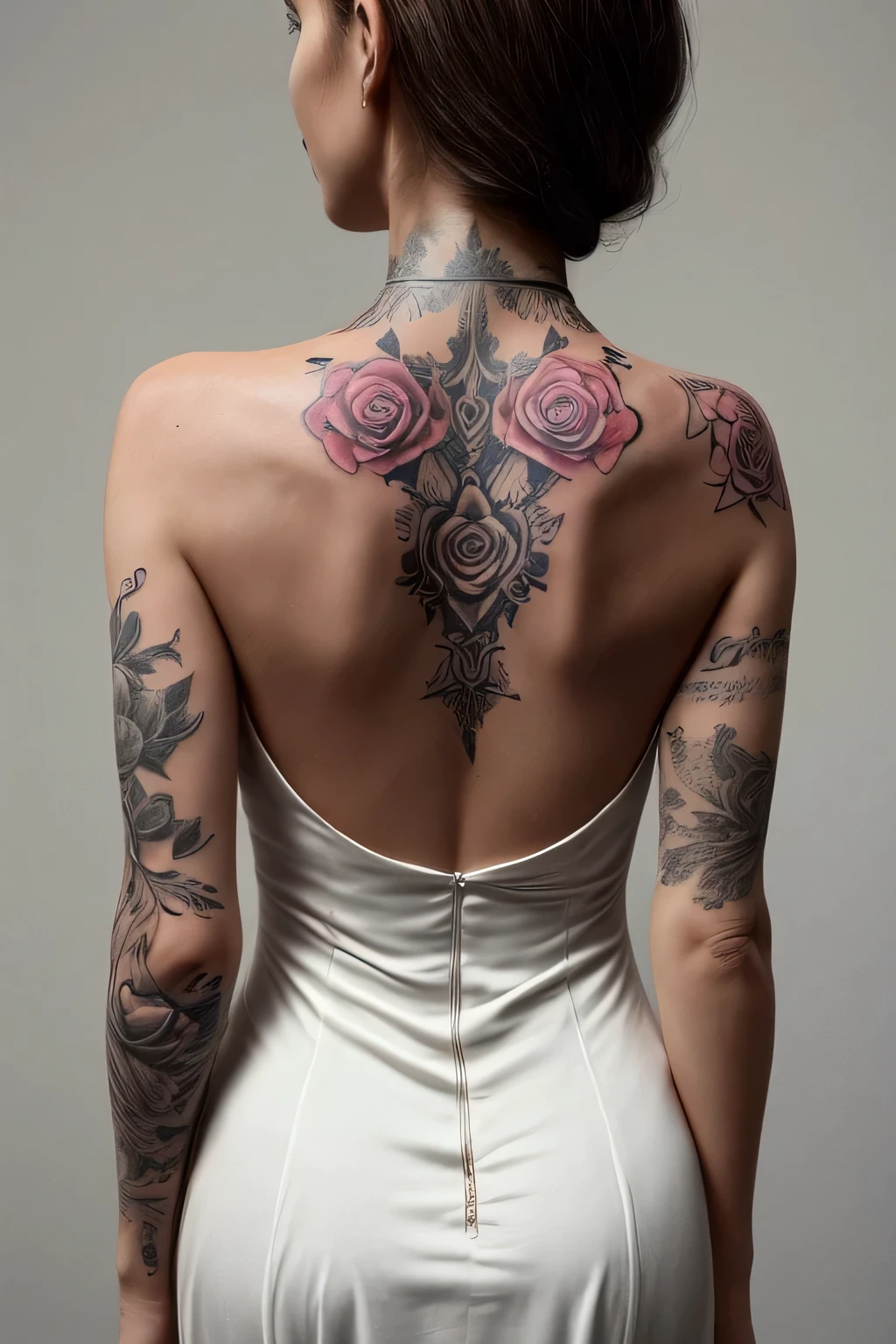 Woman's back view in a halter neck dress has a single rose tattooed on her back