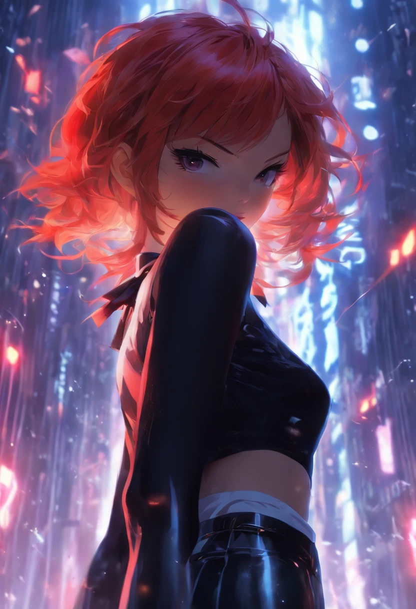 ((anime)), (slender cool woman), (snow short hair, red hair in the middle of bangs), (shoulder sleeveless Y-shirt white, red line under black tie knots), (Y-shirt size, tights-like material transparent black side with leather), (black belt, waist-length 5cm wide), (long knee-like leather, knee-like boots), hdr,4k,uhd,VAE,masterpiece,super detailed,super quality,super beautiful,symmetrical,
