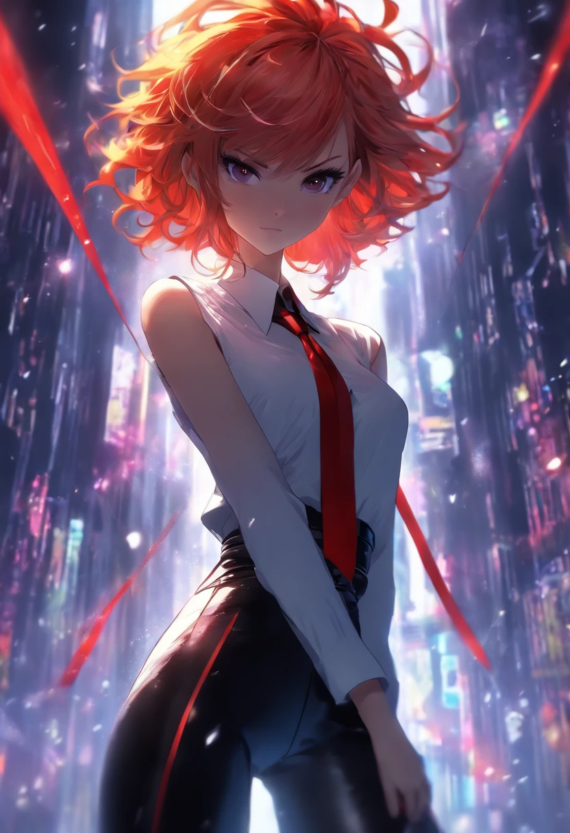 ((anime)), (slender cool woman), (snow short hair, red hair in the middle of bangs), (shoulder sleeveless Y-shirt white, red line under black tie knots), (Y-shirt size, tights-like material transparent black side with leather), (black belt, waist-length 5cm wide), (long knee-like leather, knee-like boots), hdr,4k,uhd,VAE,masterpiece,super detailed,super quality,super beautiful,symmetrical,