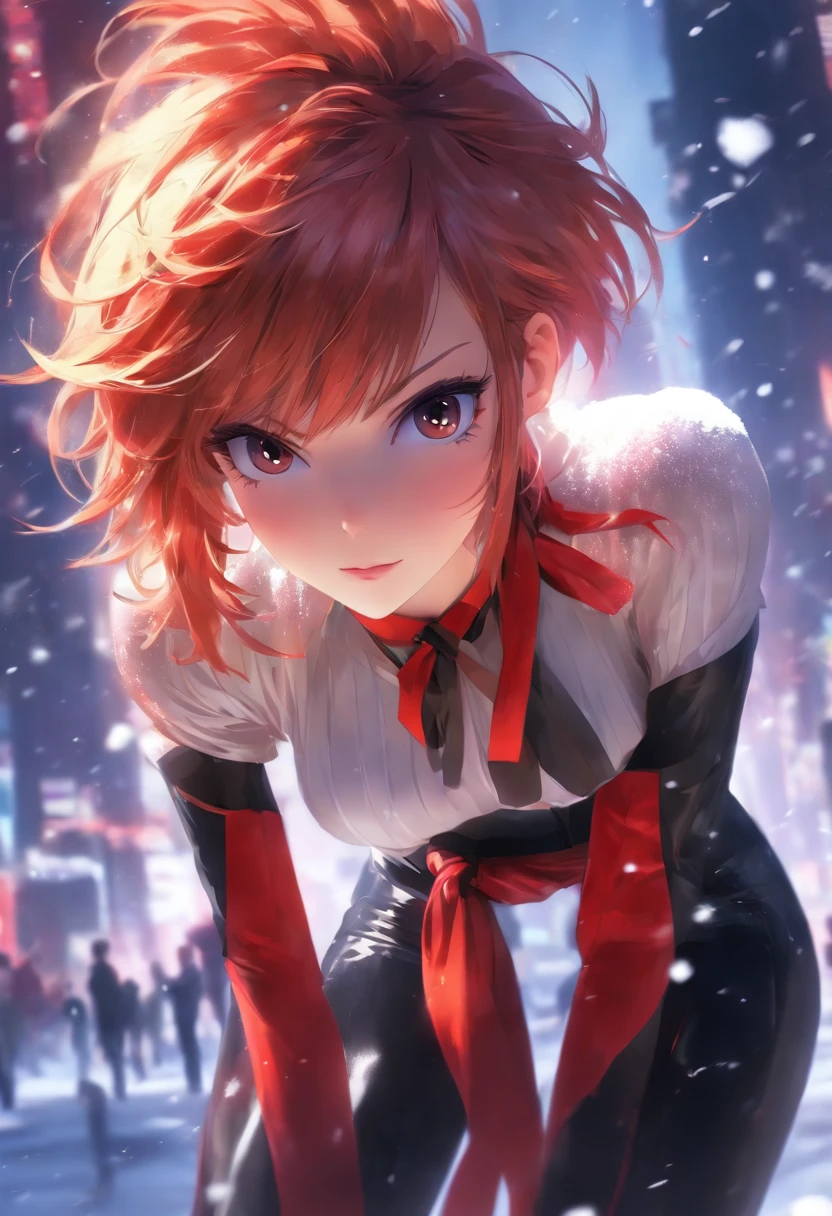 ((anime)), (slender cool woman), (snow short hair, red hair in the middle of bangs), (shoulder sleeveless Y-shirt white, red line under black tie knots), (Y-shirt size, tights-like material transparent black side with leather), (black belt, waist-length 5cm wide), (long knee-like leather, knee-like boots), hdr,4k,uhd,VAE,masterpiece,super detailed,super quality,super beautiful,symmetrical,