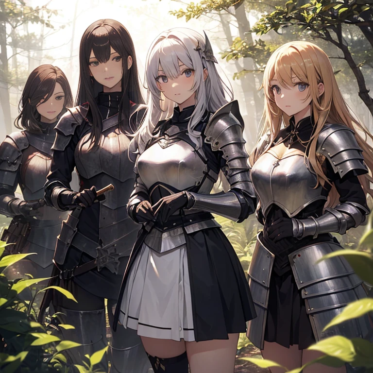 A group of  female knight, (in forest), various hair styles, harem, wearing armored clothes, metal armor, night, details face, , short skirt, seducing, sword 