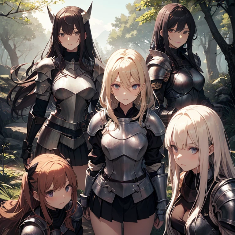 A group of female knight, (in forest), various hair styles, harem, wearing armored clothes, metal armor, night, details face, , short skirt, seducing, sword