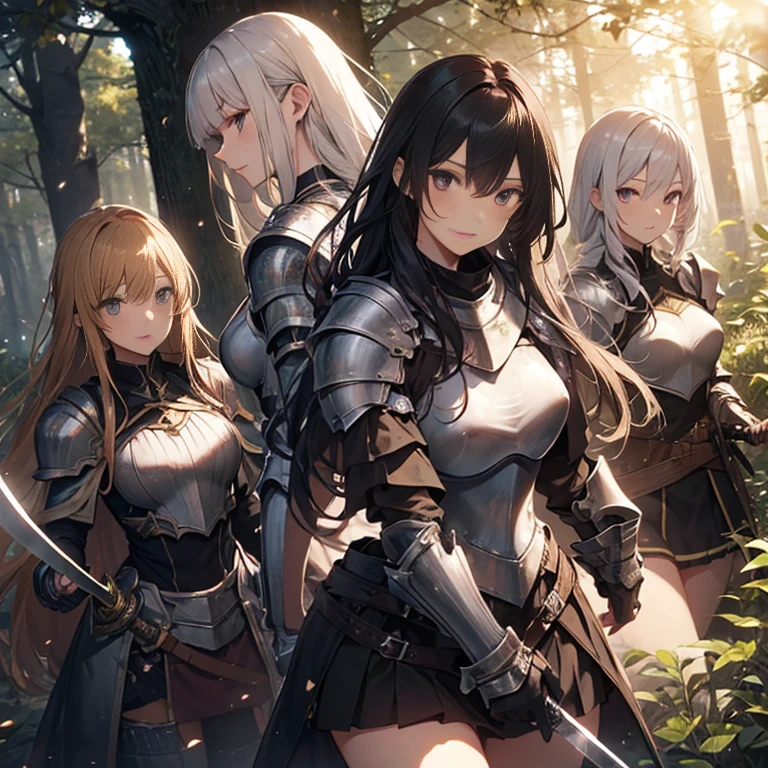 A group of female knight, (in forest), various hair styles, harem, wearing armored clothes, metal armor, night, details face, , short skirt, seducing, sword