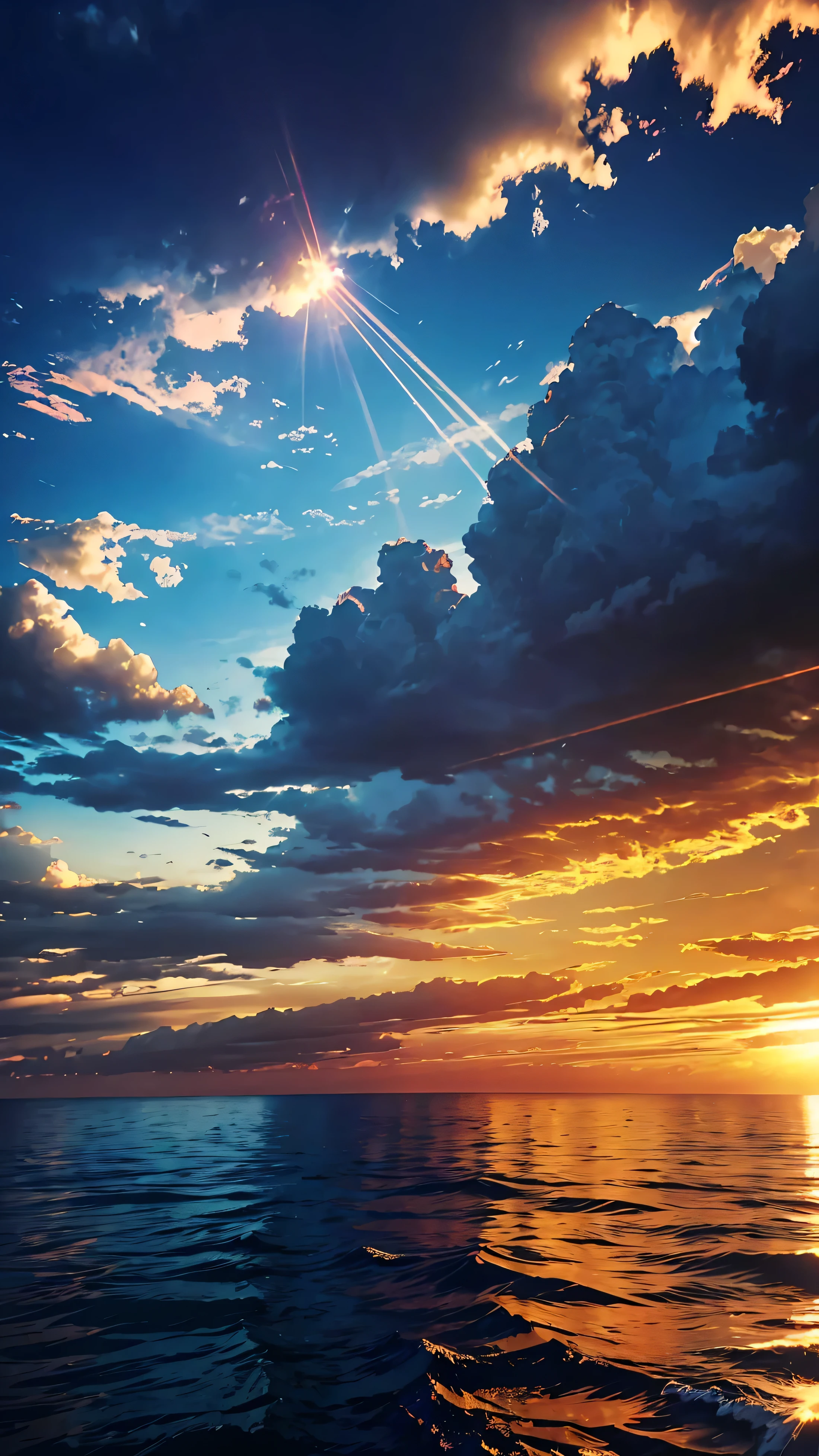 HD, best quality, landscape, scenery, clouds, sun, sunset, sky, evening, beach, rocks