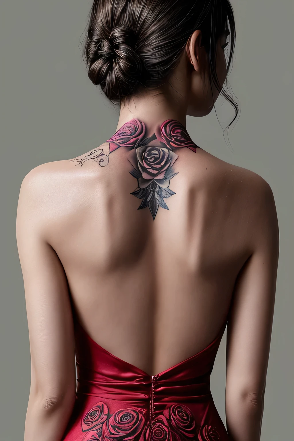 Woman's back view in a halter neck dress has a single rose tattooed on her back