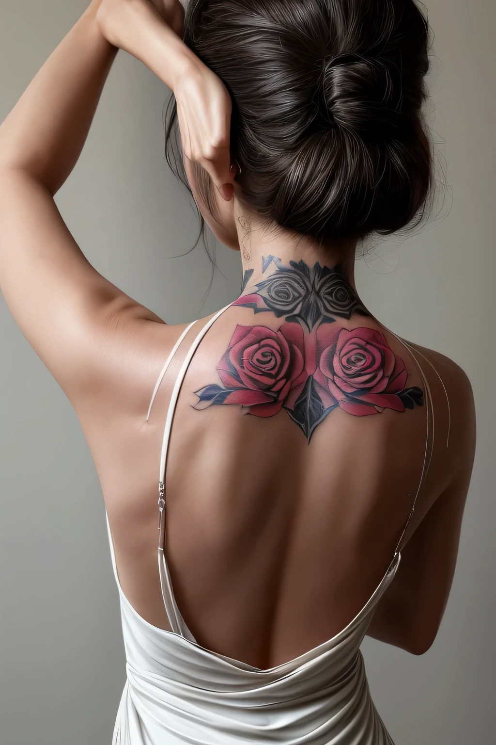 Woman's back view in a halter neck dress has a single rose tattooed on her back